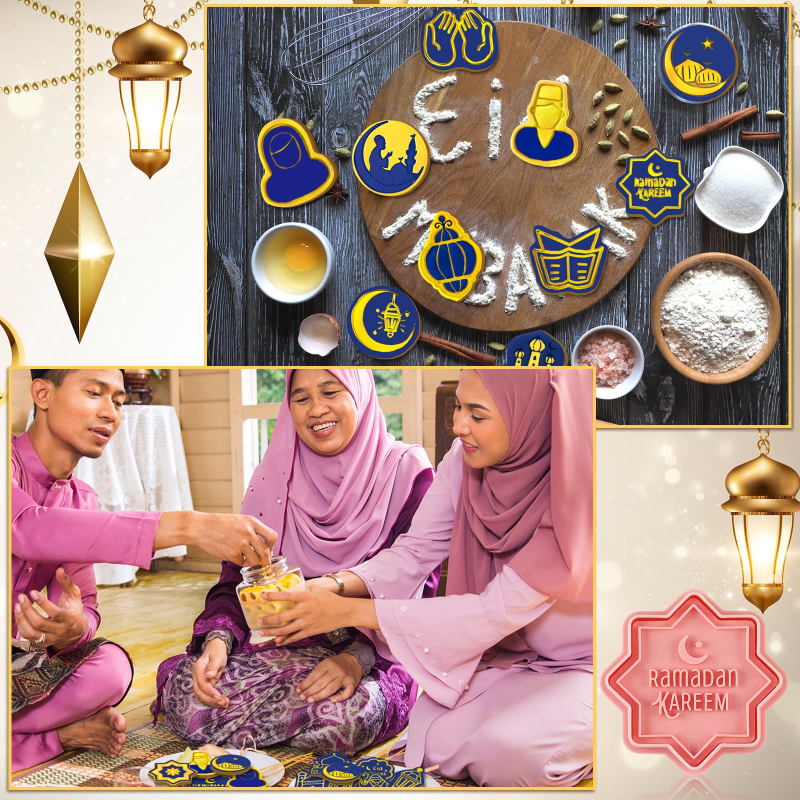 Roshtia 24 Stück Eid Gebete Ausstechformen Kunststoff Keksstempel Mond Keksform Pressschloss, Creme, leichte Kunststoff Keksausstecher, Prägeform zum Backen Fondant Supplies