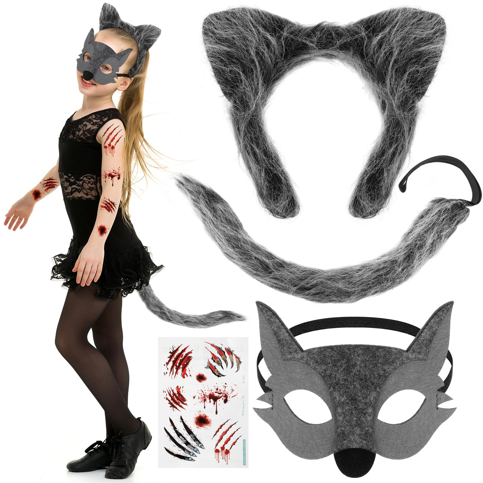 Hicarer Set 4 Accesorios de Disfraz de Lobo de Carnaval Mardi Gras de Niños Adultos, Diadema de Orejas de Lobo de Felpa Cola Máscara de Cosplay de Lobo Tatuaje de Pata de Lobo para Halloween Navidad