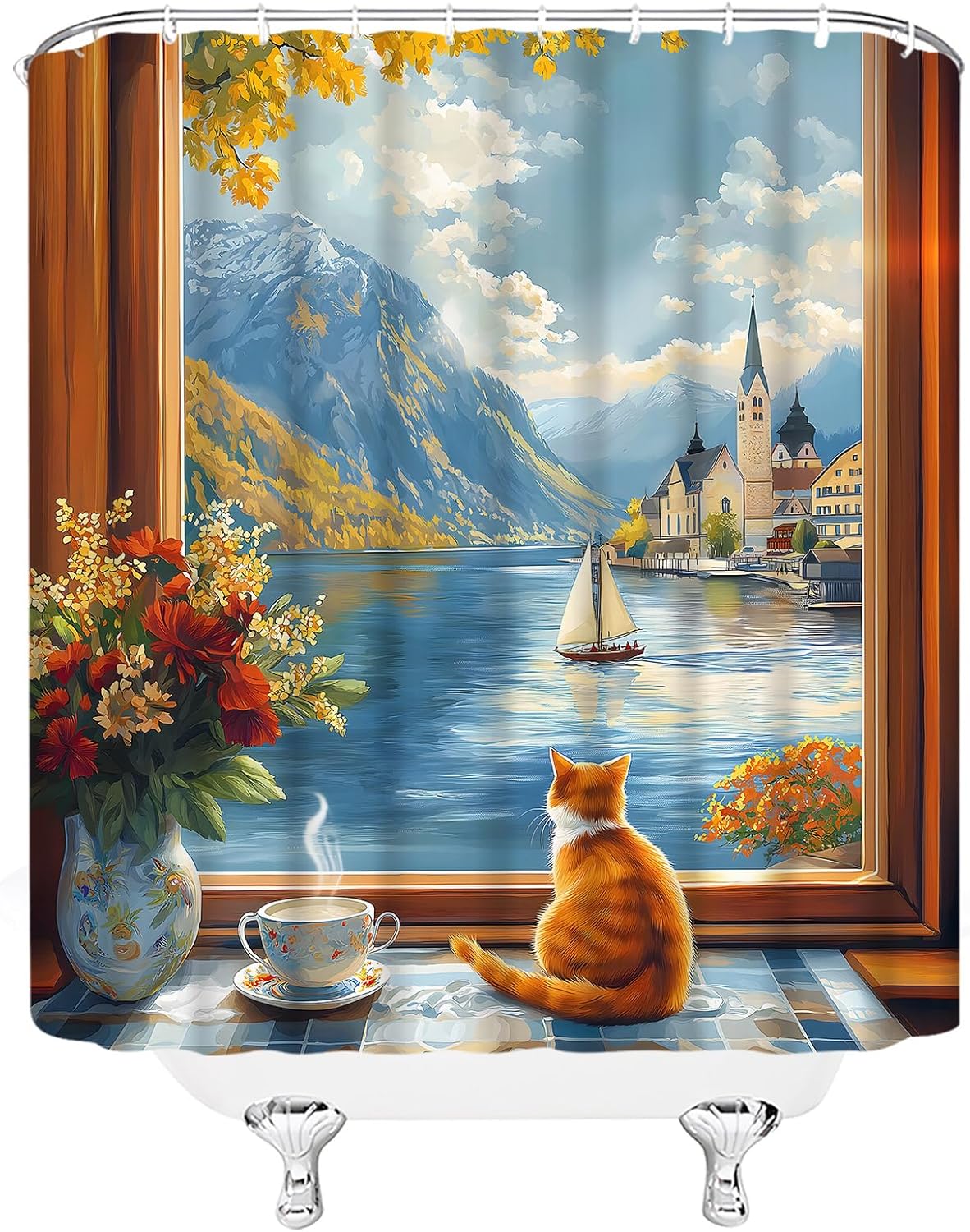 GCTNBJL Nature Scenery Shower Curtain Funny Cat Blue Ocean Mountain Castle Flower Vintage Oil Painting 70x96(WxH) Inches Bathroom Decor Fabric Curtain with Hooks
