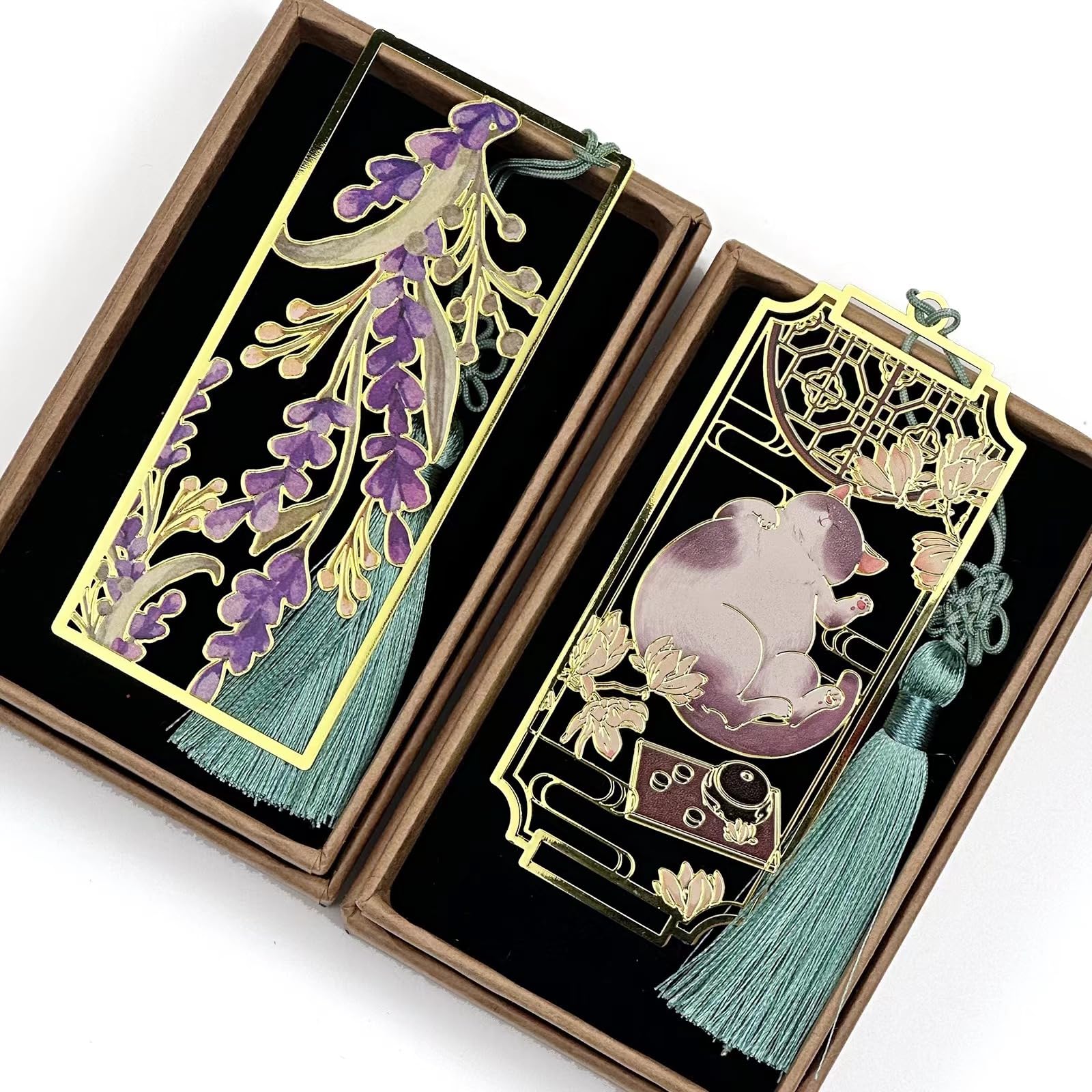 HEYMILA 2 Pack Premium Metal Bookmarks with Cats & Violet Flower, Bookmarks Ideal Gift Idea for Women Teachers, Students