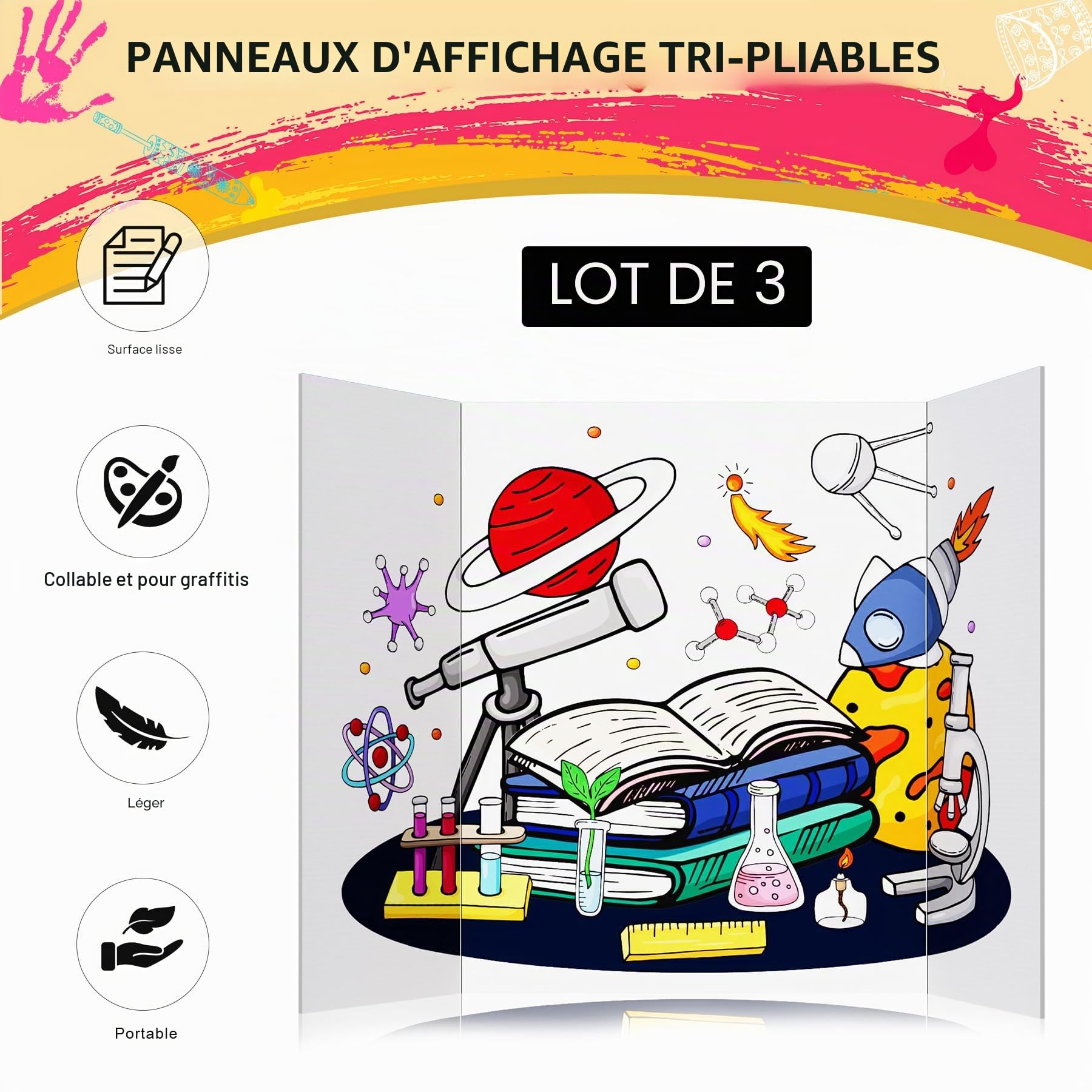 HAUTOCO Lot de 3 petits panneaux d'affichage tri-pliables, panneau d'affichage de présentation pliable 536 x 356 mm, carton ondulé léger pour afficher des photos, projets d'art et d'artisanat, blanc