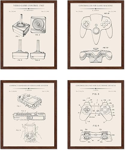 Monem Art - Póster de 4 piezas para videojuegos, estampado de patente de videojuegos, arte de joystick, arte de controlador, arte de dibujo técnico,