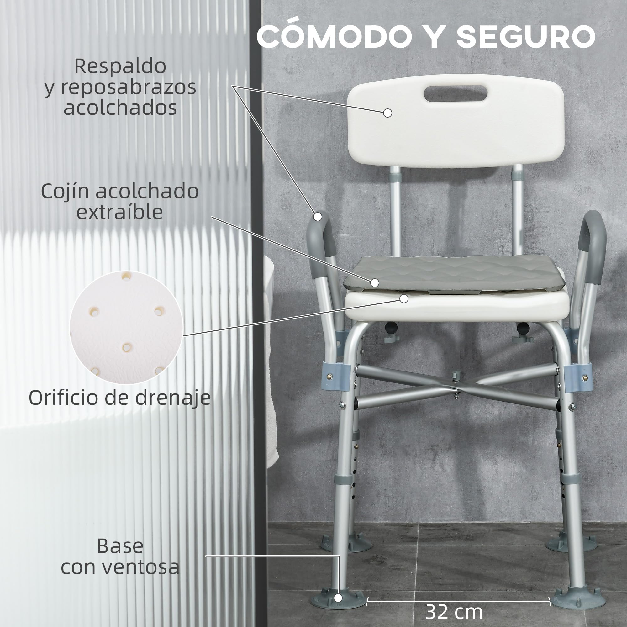 HOMCOM Silla Ducha Personas Mayores con Respaldo Antideslizante 136 kg | Silla de Ducha, Reposabrazos, Altura Ajustable, Cojín Acolchado Extraíble, para Ancianos y Discapacitados