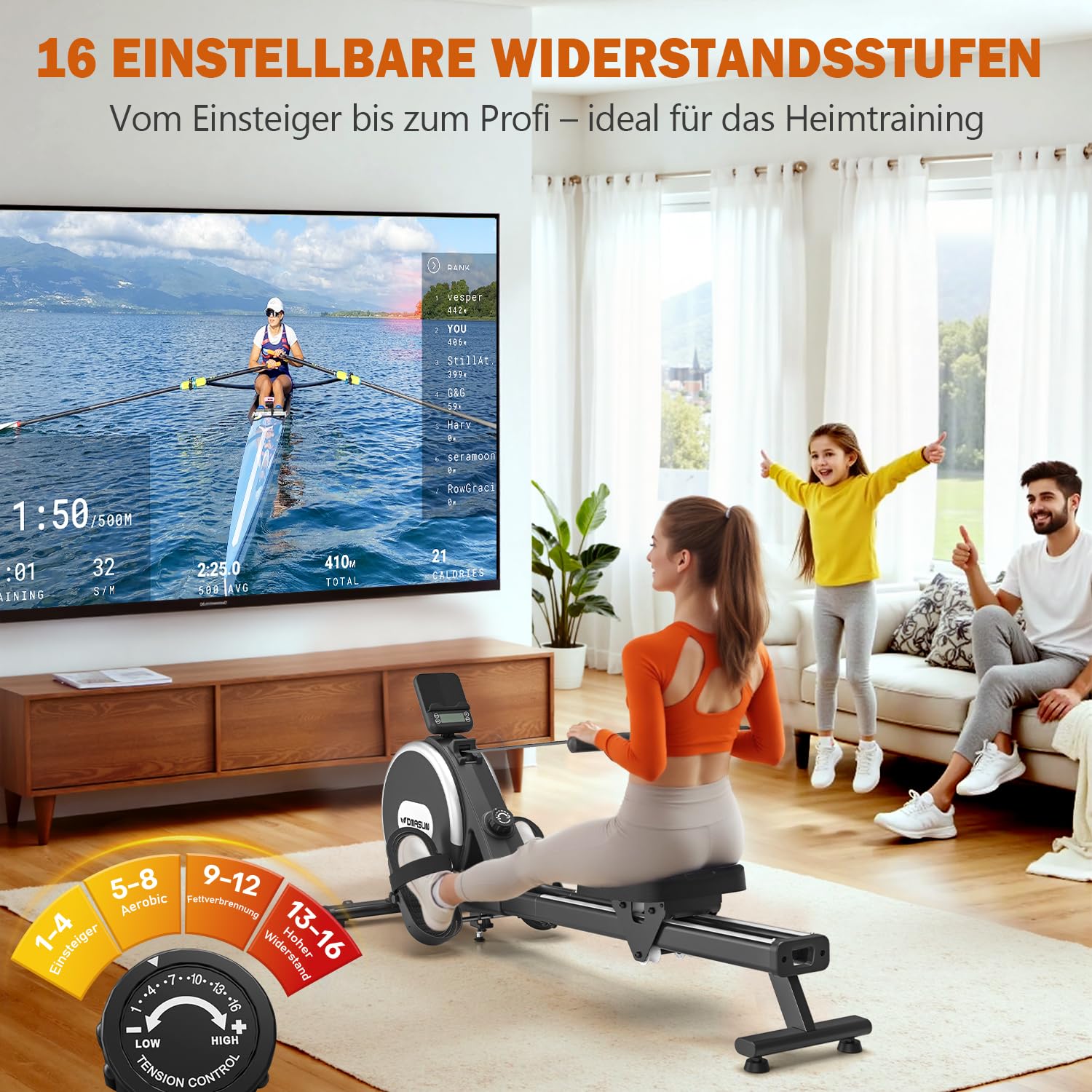 Rudergerät für Zuhause, DMASUN Leises Magnetisches Rudergerät mit 16 Widerstandsstufen, Upgrade Doppel-Slide-Rails, APP-Verbindung, LCD-Datenanzeige, ideal für Cardio-Training, Belastbar bis 160kg