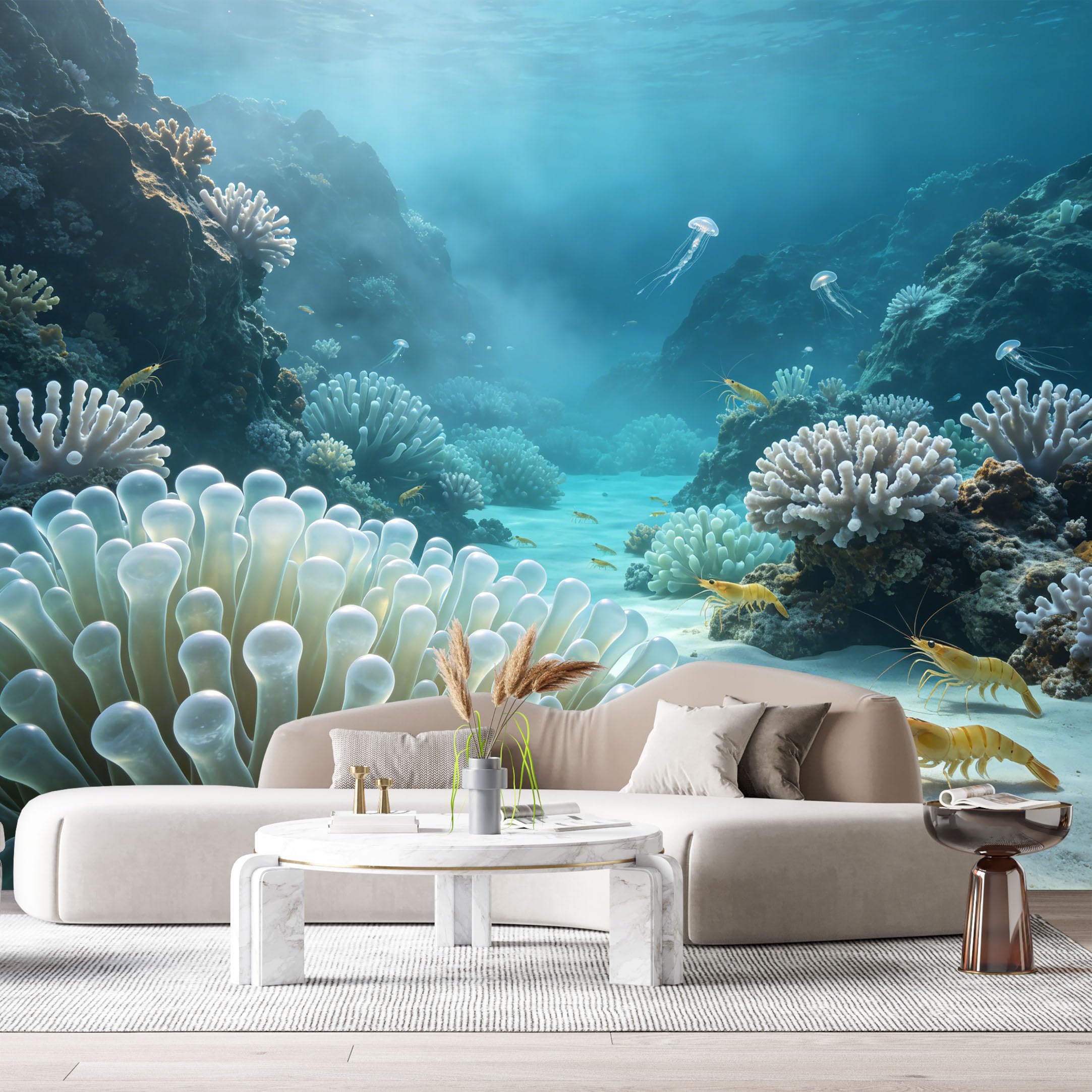 Custom Size Wall Murals Ocean Marine 3D Underwater World Coral Reef Jellyfish Shrimp SelfAdhesiveWall Fabric Removable Wallpaper Wall Decor for Living Room Bedroom Bathroom
