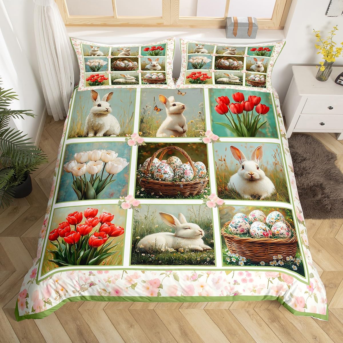 Easter Rabbit Duvet Cover Set Toddler,Pink Blossom Flower Bedding Set for Kids Boys Girls Room Decor,Happy Easter Cute Bunny Comforter Cover 2Pcs,Easter Plaid Patchwork Bedspreads Cover,1 Pillowcase