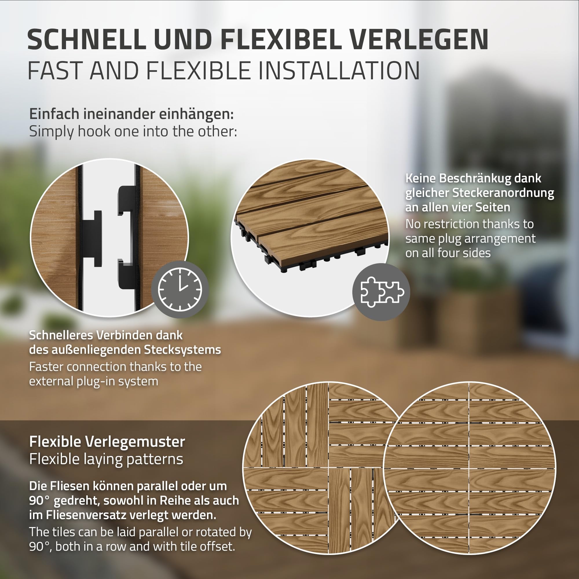 ECD Germany WPC Terrassenfliesen 30x30 cm/55 Stück=5m², Teak in Holzoptik, Bodenbelag mit Klicksystem und Drainage, Terrassendielen Balkonfliesen Holzfliesen, Klickfliesen für Terrasse, Garten, Balkon