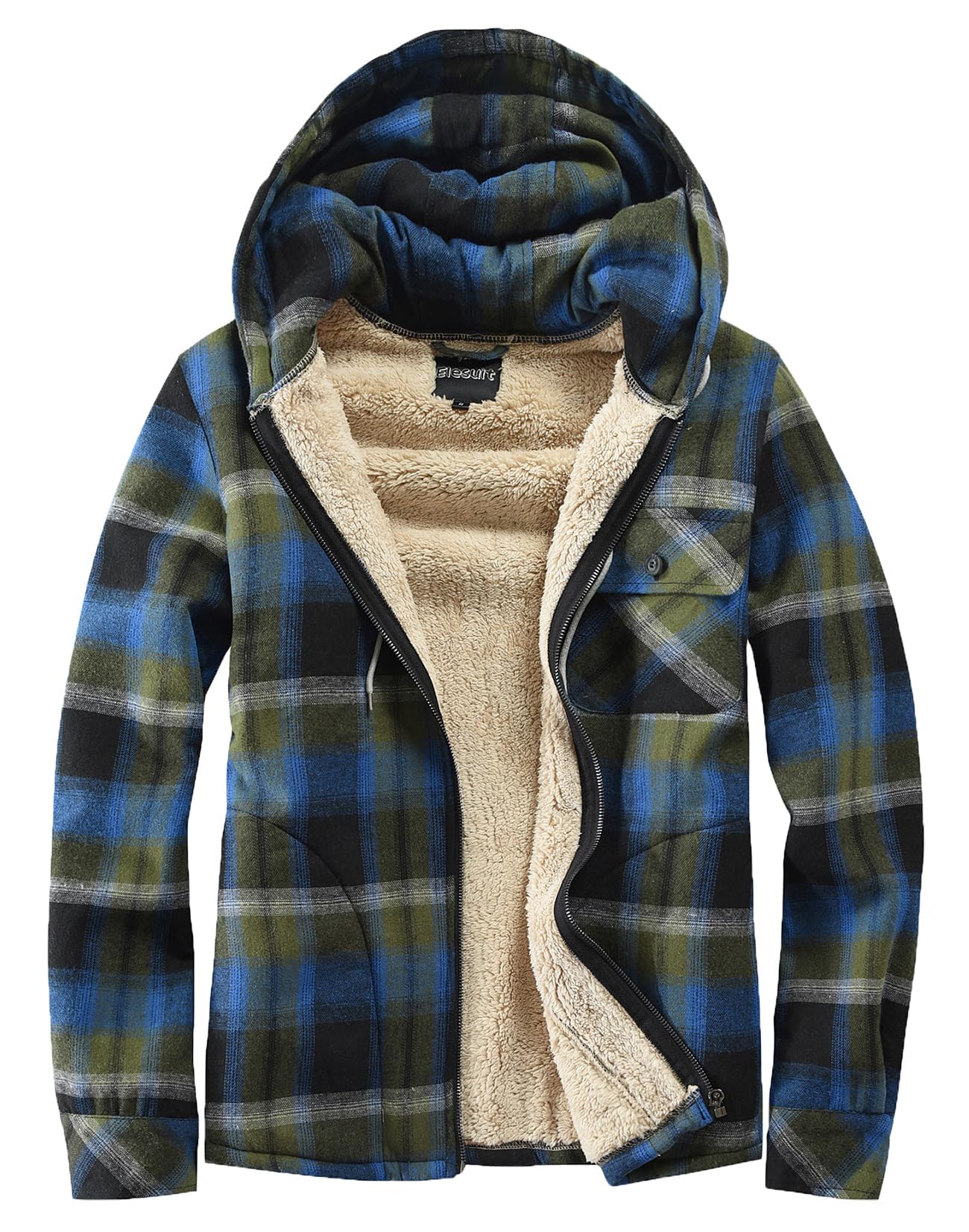 Men's Full Zip Fleece Flannel Jacket Shirt Plaid Cotton Hoodie Coat