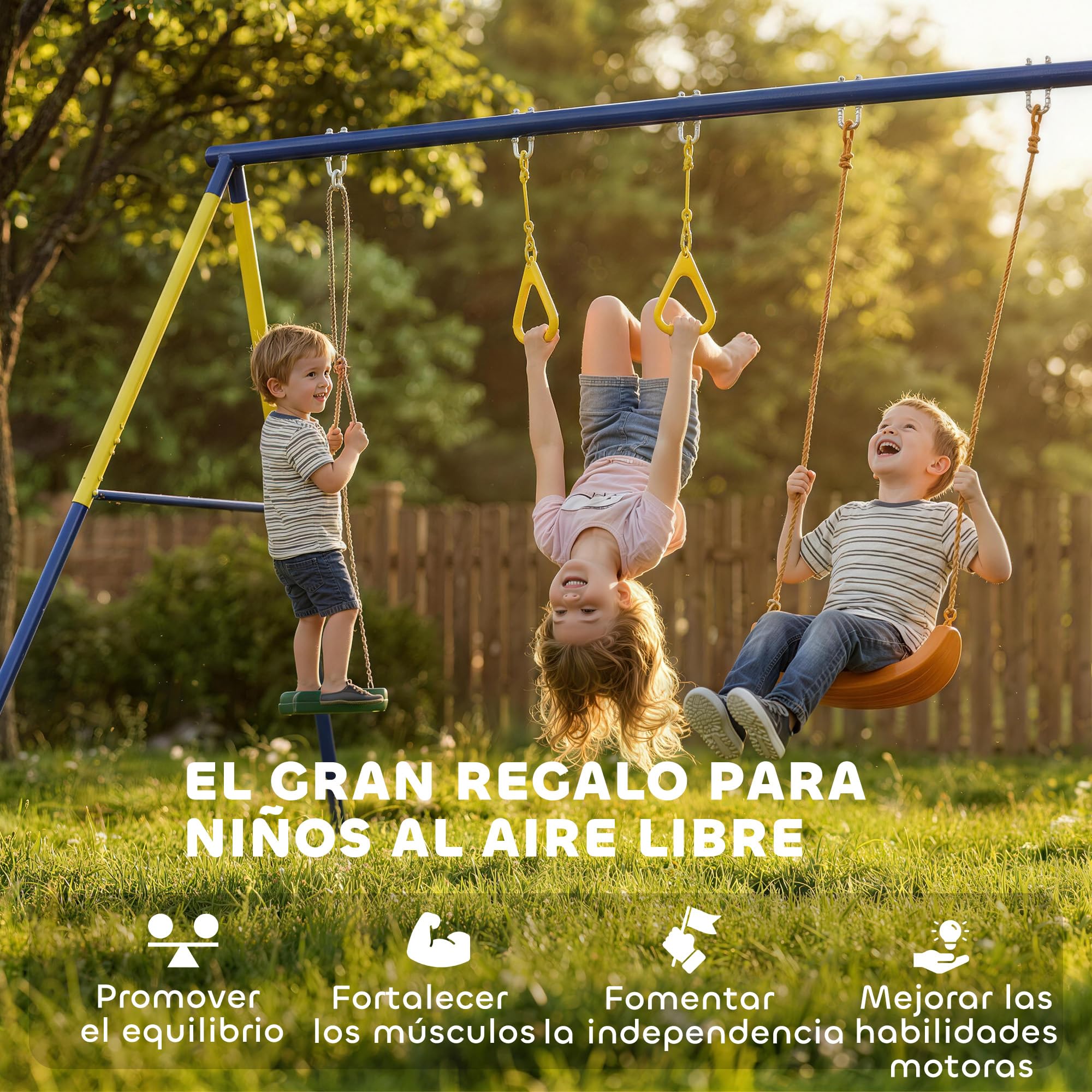 AIYAPLAY Columpio Infantil 3 en 1 de Pie para Niños 3-8 Años Multicolor | Columpio para Niños Clásico, Aros de Gimnasia, Carga 150 kg, Interior, Exterior, Jardín