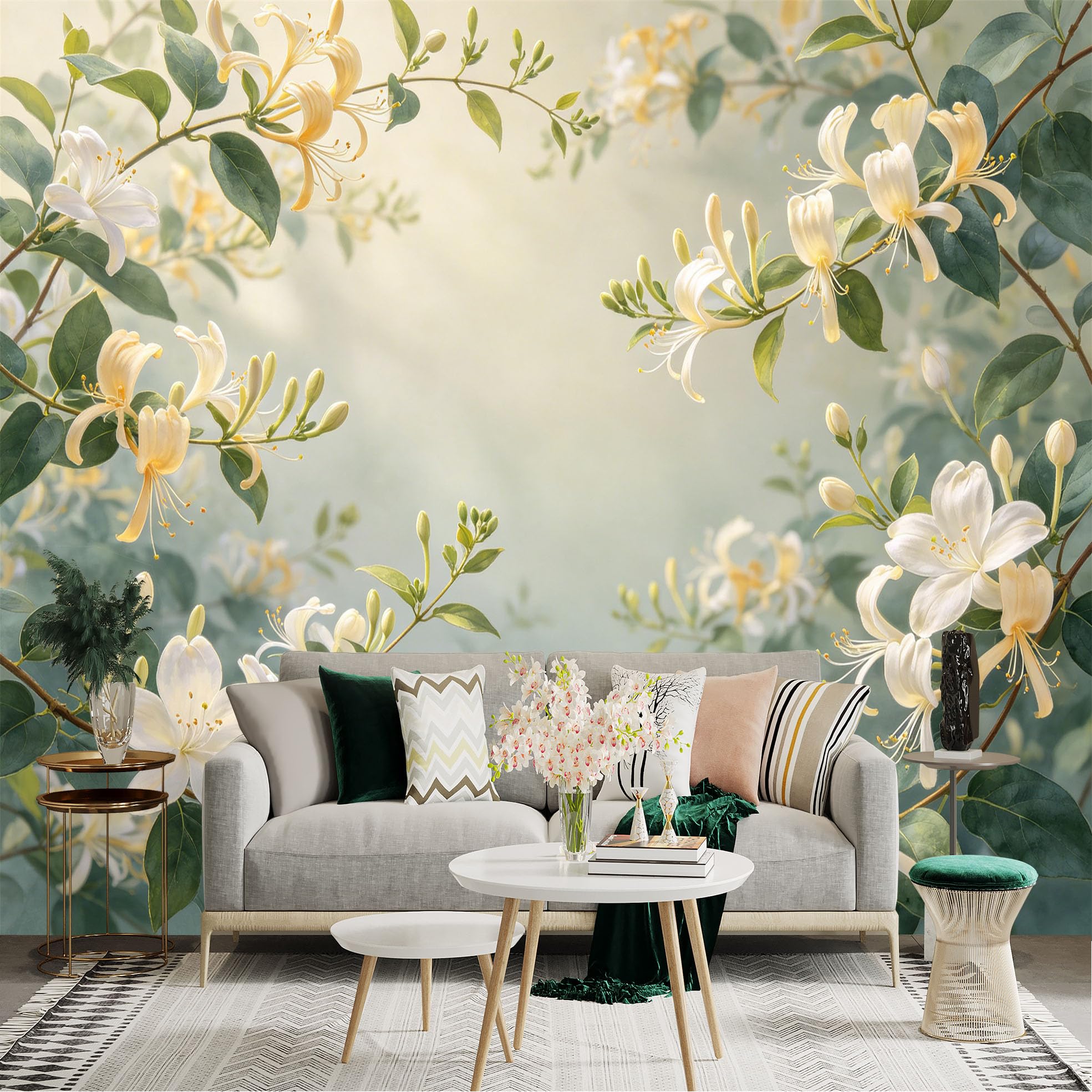 Lnzczhyre Dbh260521691 Custom Size Wall Sticker Mural， Elegant White Honeysuckle Blossoms， Soft Floral Botanical Background， Spring Garden Flowers， For Wall Decoration， Peelandstick Wall Decals.