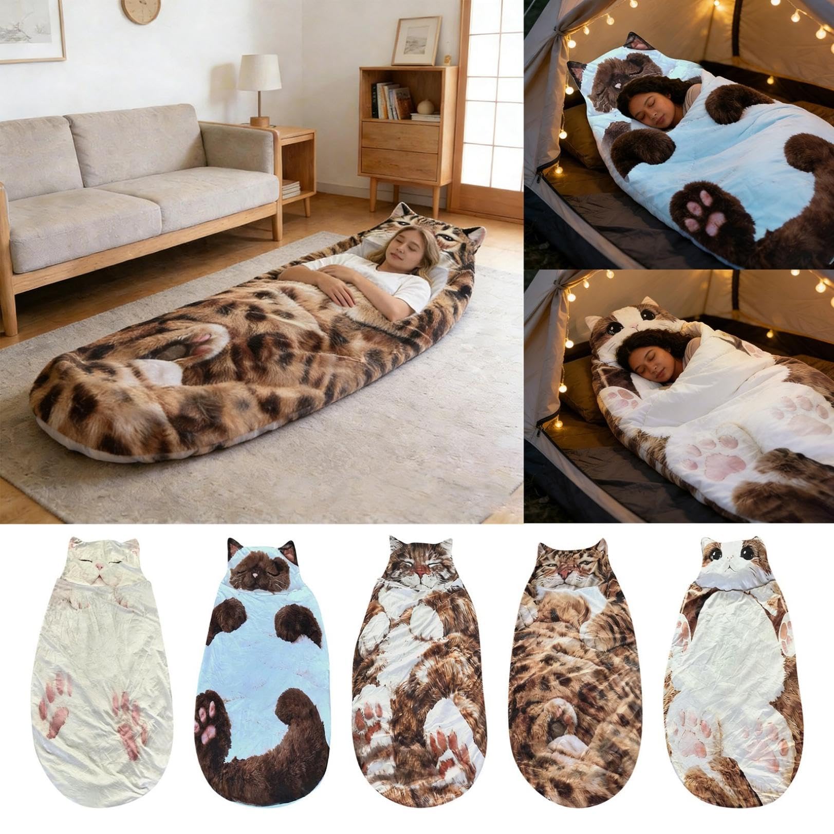 Sac de couchage pour chat pour homme, sac de couchage moelleux pour adulte, motif enveloppe géante en peluche pour le camping et les soirées pyjama, couverture de détente en polaire douce et chaude