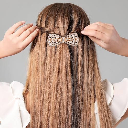 Miniatura 5 de HINZIC 2 pinzas para el cabello con lazo de diamante perlado dorado y plateado pasadores para el cabello elegante calcomanía para novia boda