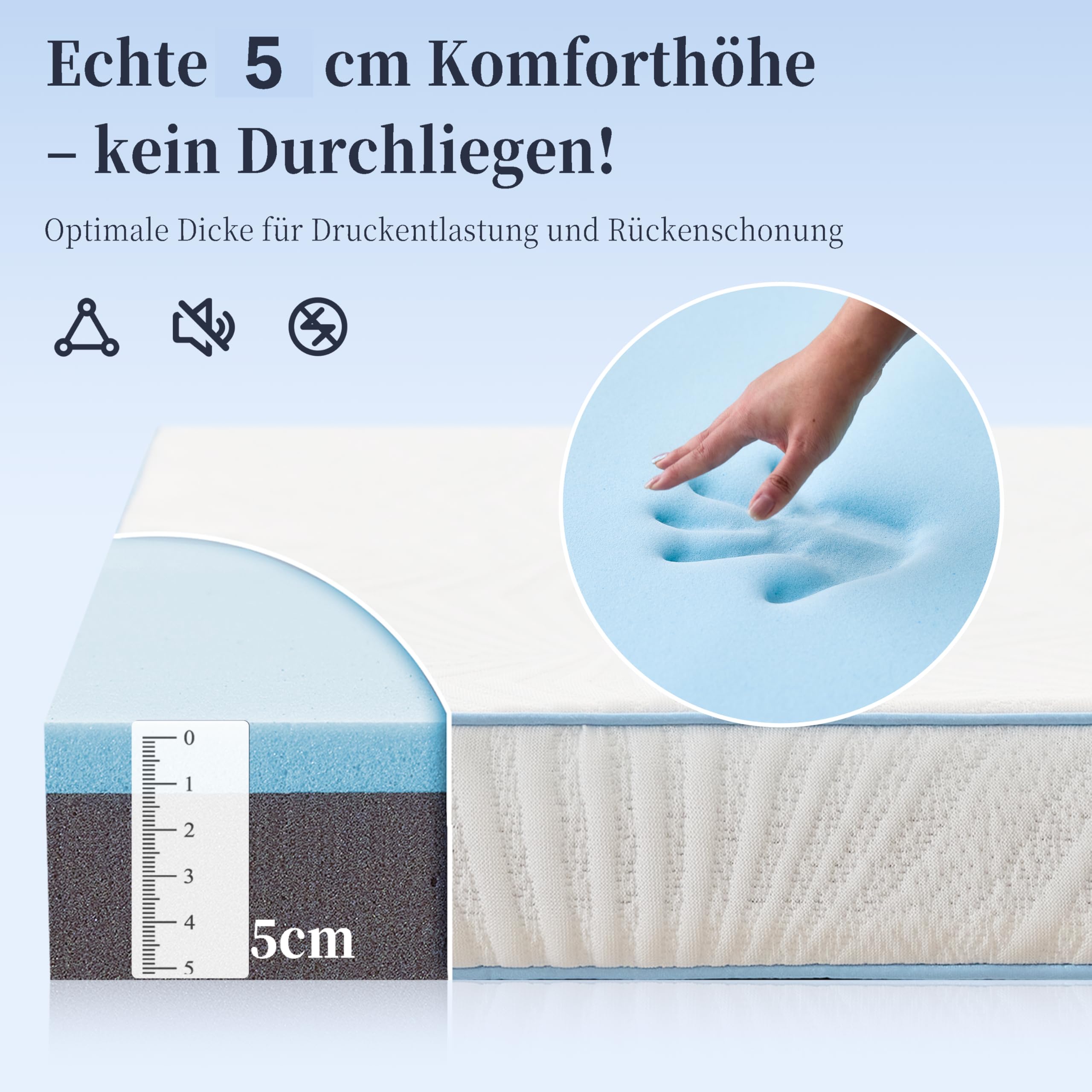 Topper 140x200cm H2 – 5cm Memory Foam & Kaltschaum Matratzen Topper, Oeko-TEX® Zertifiziert, Abnehmbarer Bezug, rutschfest, Antiallergisch, Leise & Atmungsaktiv