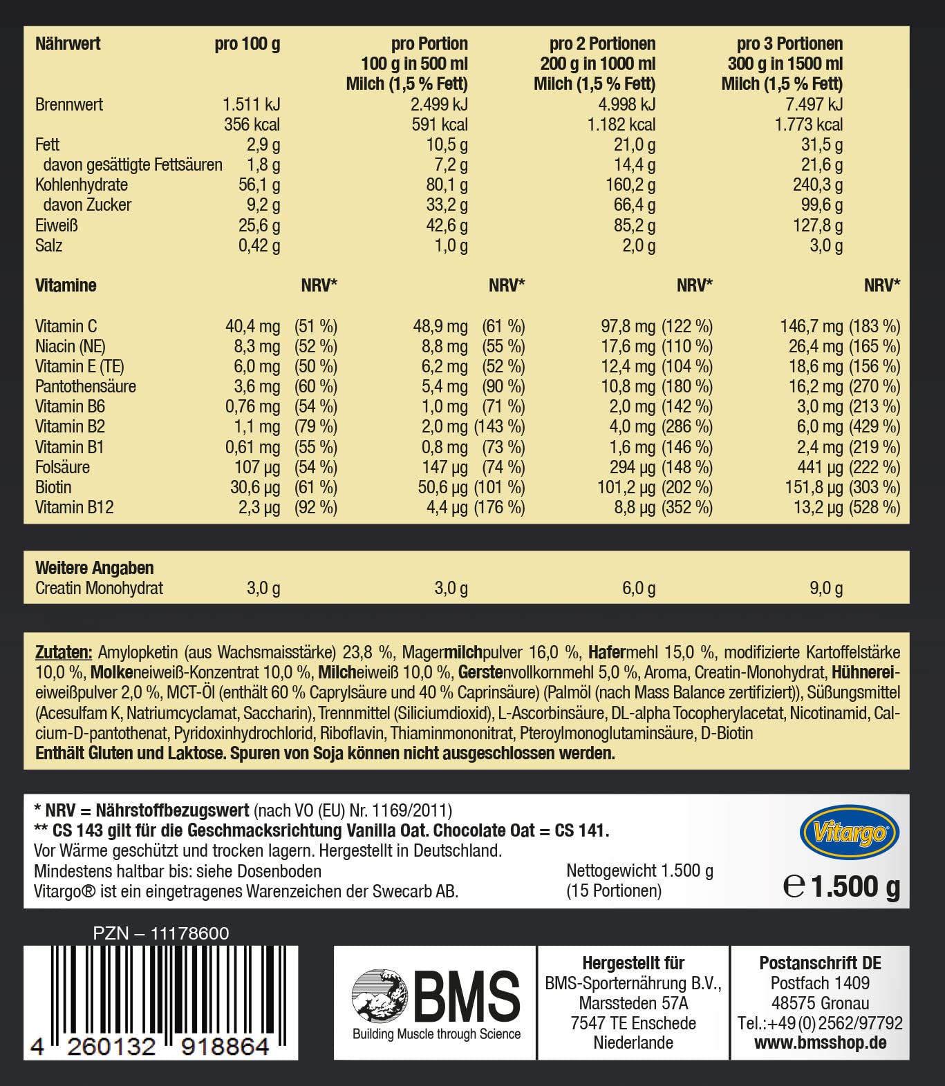 BMS Vitargo Pro Muscle Gainer Vanilla Oat 3750g