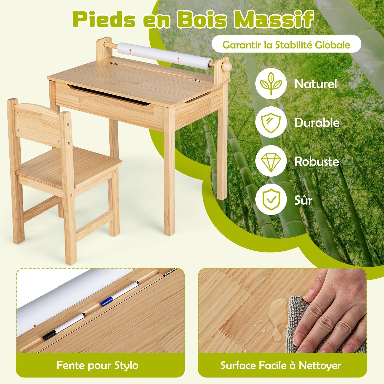 GOPLUS Bureau Enfant avec Chaise en Bois de Pin, Table à Dessin avec Rouleau Papier, Bureau d'Écriture avec Rangement, Charge 50kg, Naturel