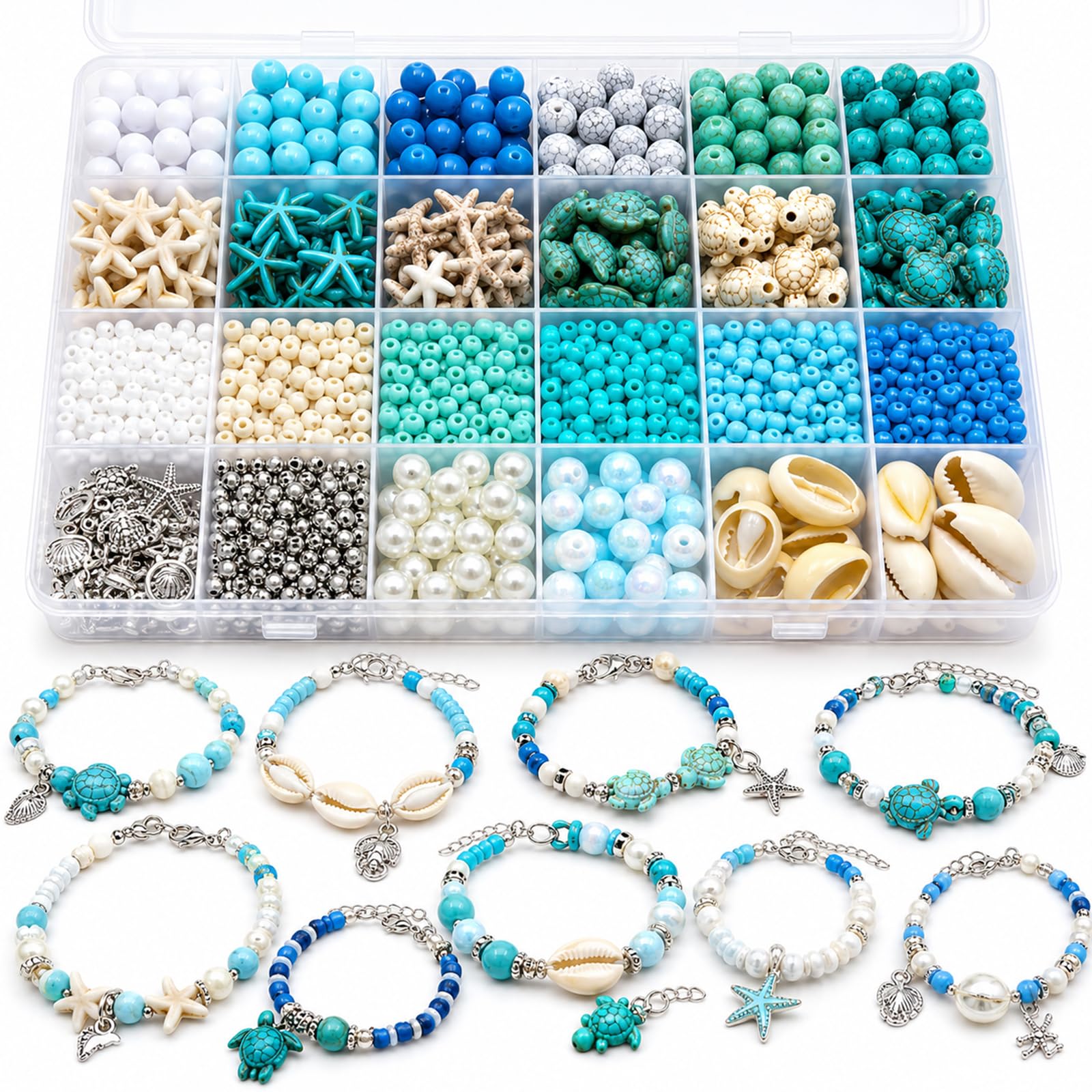 2000 Pcs Ocean Bead Charm Bracelet Making Kit Blue White Cracked Beads