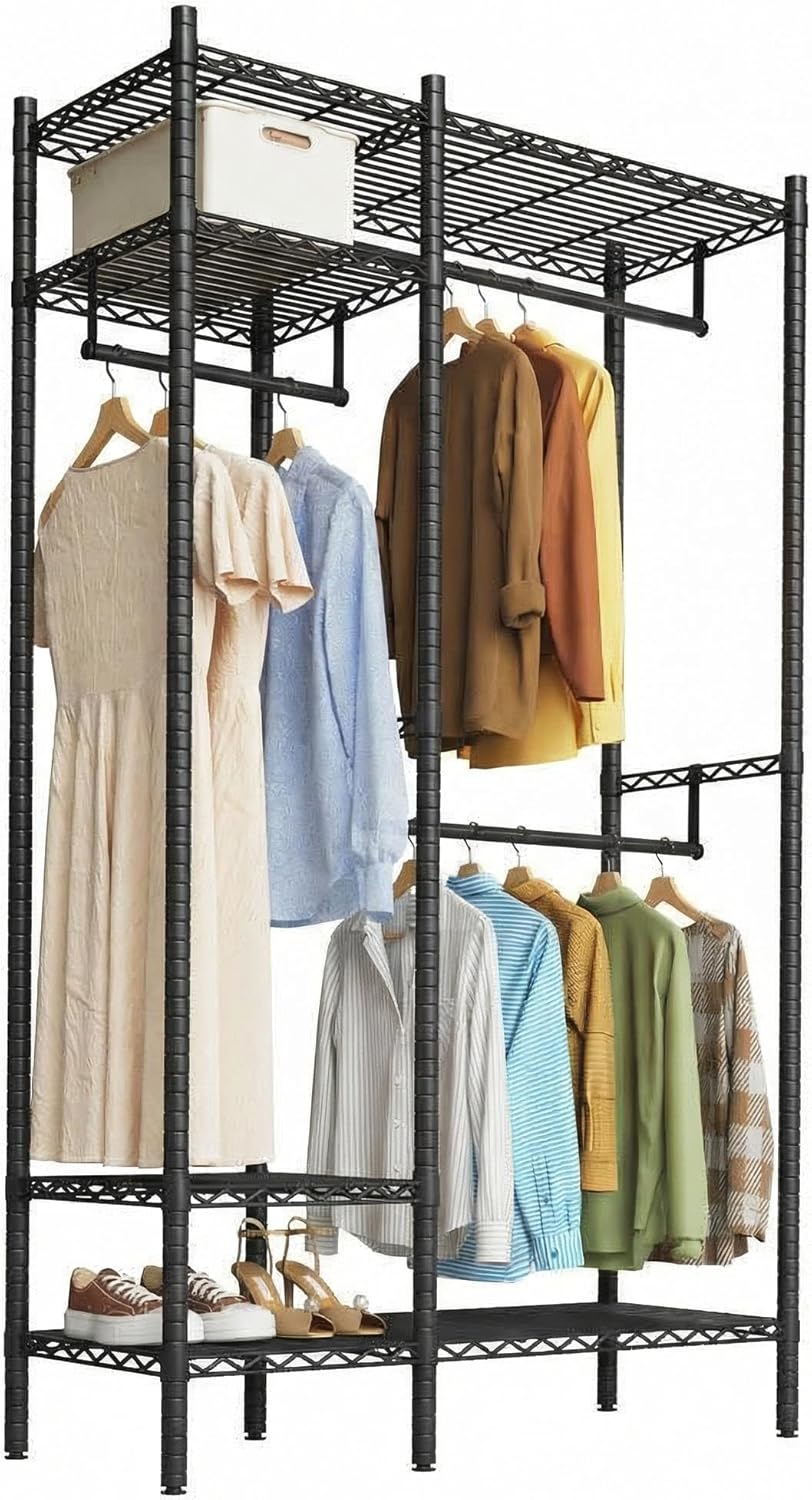 Heavy Duty Steel Closet Organizer with Shelves & Hanging Rods, 45" Wide Clothes Rack System, 4-Tier Freestanding Closet Storage for Bedroom, Laundry, Retail – Max Load 850 Lbs, Black