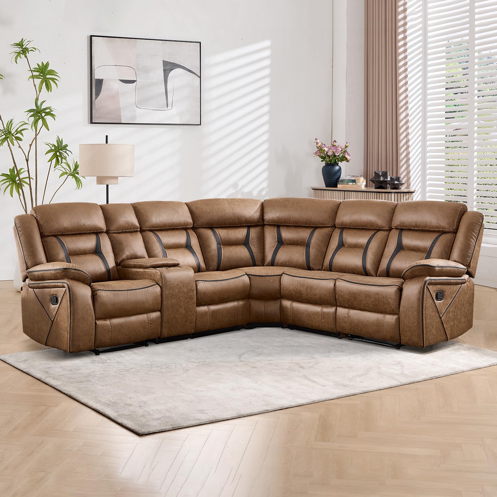 EBELLO Faux Leather Reclining Sectional Sofa Set for Living Room, 1 Recliner Chair and L-Shaped Reclining Couches Home Furniture Set with Center Console, Hidden Cup Holders and Storage, Brown view 7