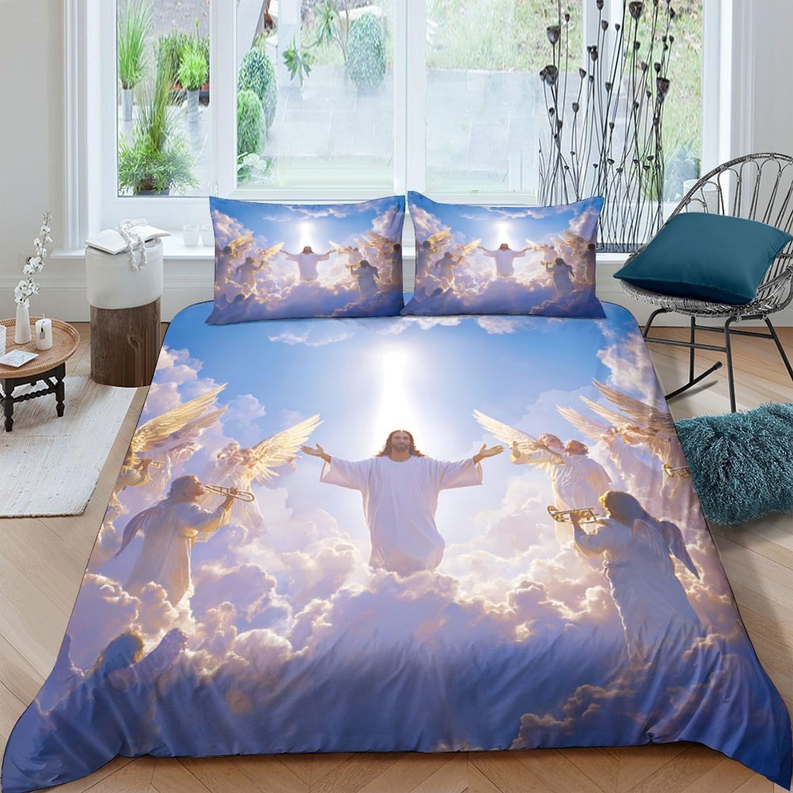 Ctjqhvkz Style-4 3D Printed Angel In The Clouds Fitted Sheet Microfiber Soft Blue Sky Bed Cover For Bedroom Guest Room Mattress Protection Single（135X200cm）