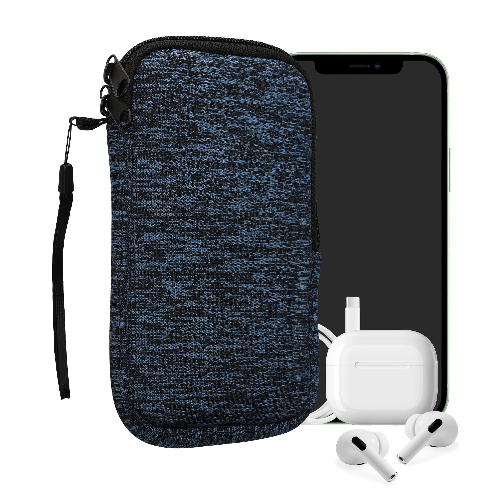 kwmobile Custodia in Neoprene con Zip per Smartphone XL - 6,7/6,8" - Astuccio Portacellulare a Sacchetto con Cerniera - Borsa in deep ocean/nero