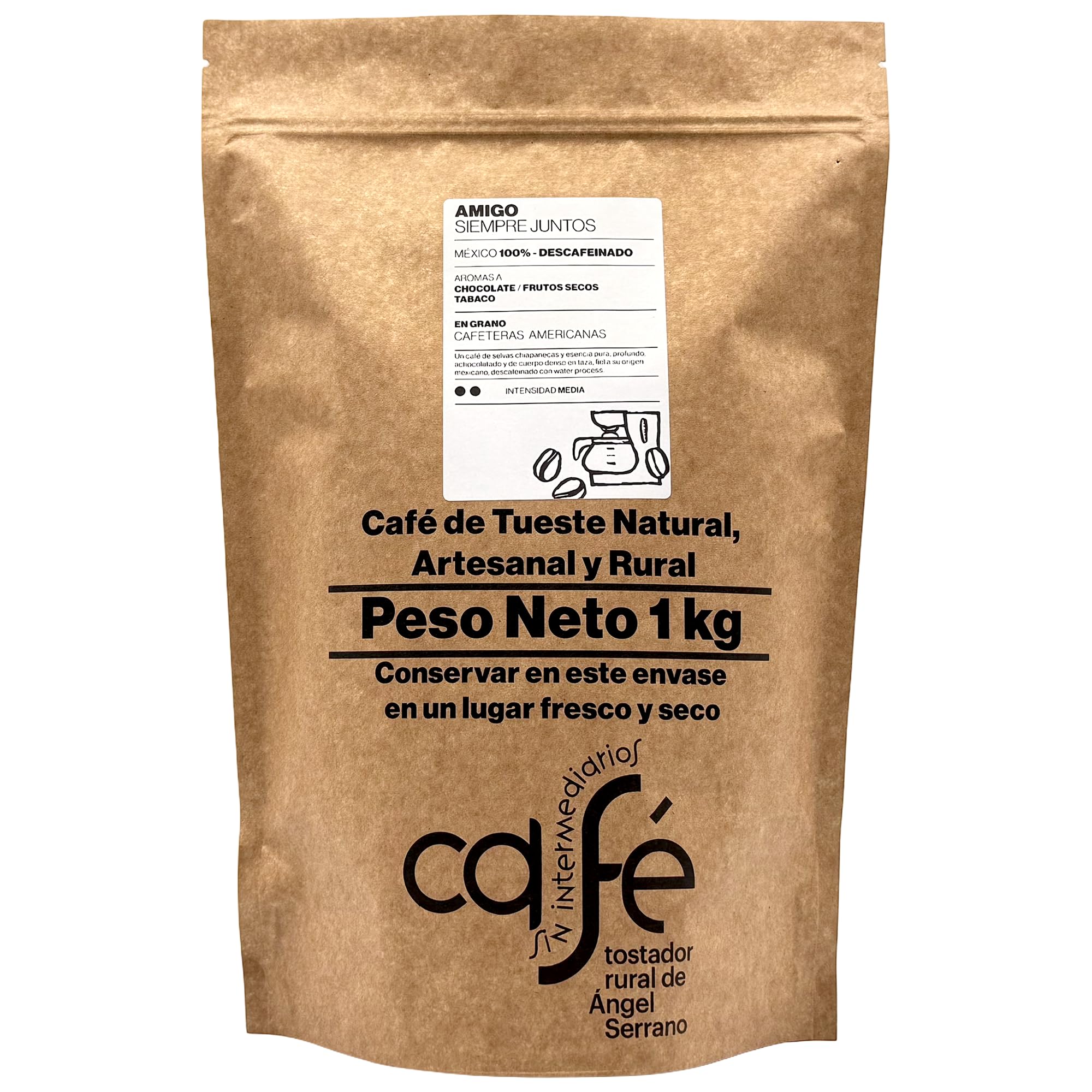 CAFÉ SIN INTERMEDIARIOS - 100% México - Amigo - DESCAFEINADO - Intensidad de sabor Media - Recién tostado y envasado - 1 kg MOLIDO para cafeteras Filtro