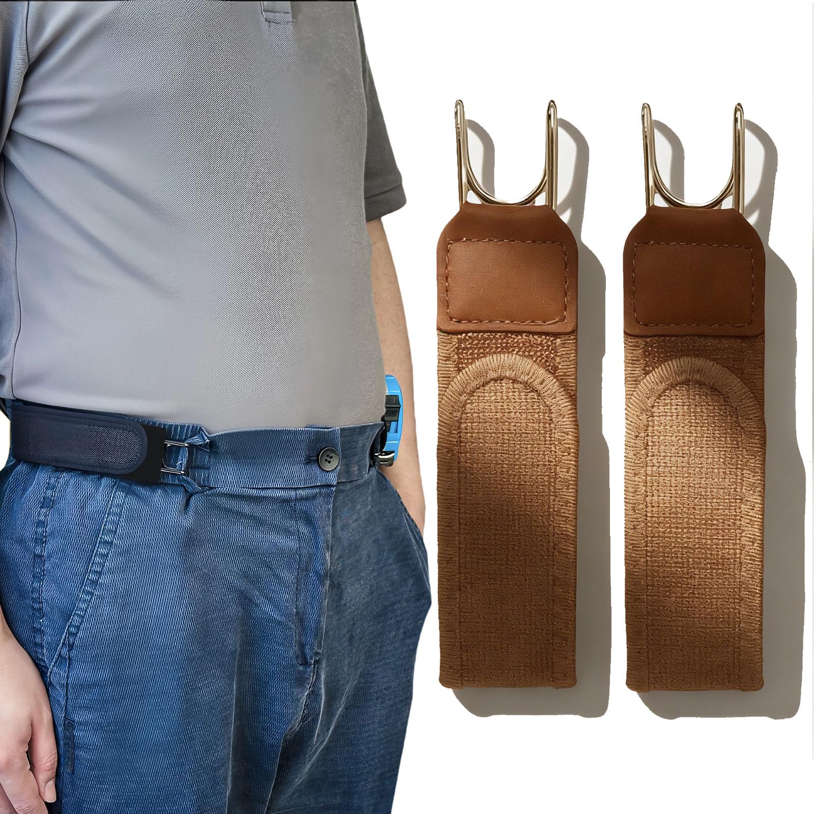 Vaekehik Unisex Brown Buckle-Less Belt Hooks, Tactical Metal Hook Elastic Belt, Buckle-Less Elastic Invisible Waist Belt For Women Men (Brown)