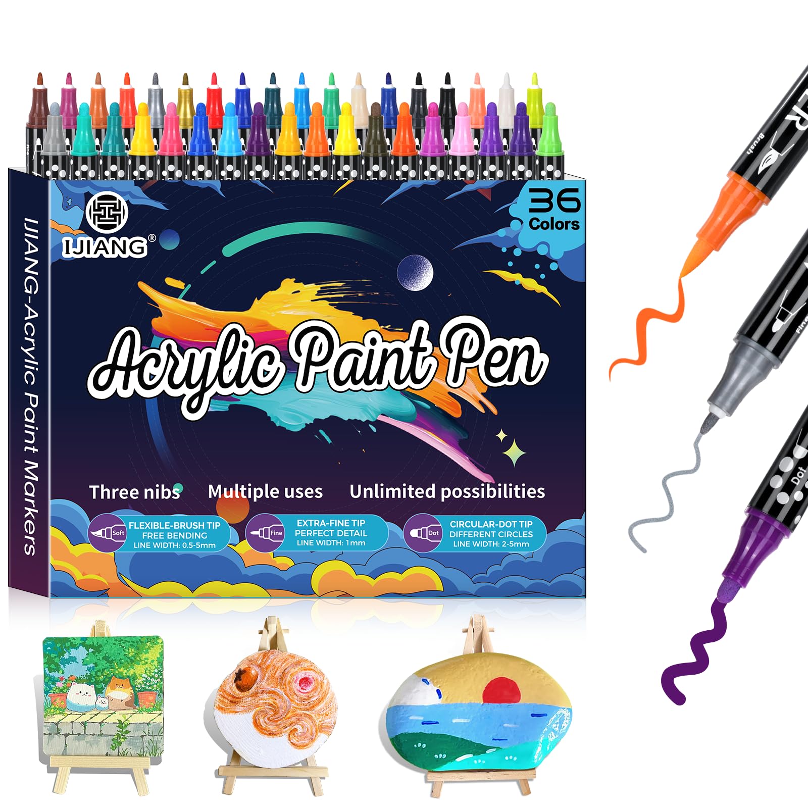 IJIANG Dual Tip Acrylic Paint Markers 36 Colors, Bright Long-Lasting Strong Coverage Acrylic Paint Pens for Rock Painting, Fabric, Wood, Glass, Christmas Gifts for Grandkids - Teens DIY Art Supplies