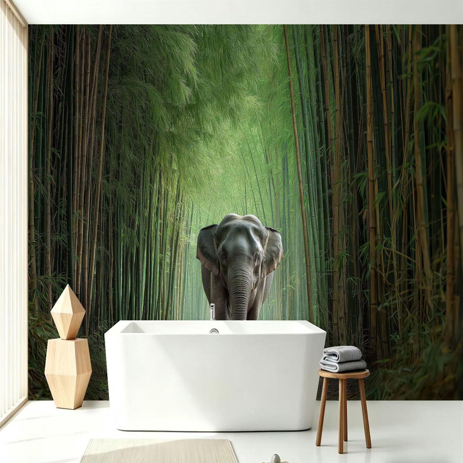 Naturalny krajobraz panoramiczna tapeta, zwierzęta słoń las bambus fototapeta z włókniny 250 x 175 cm - dekoracyjna fototapeta ścienna do salonu pokój dziecięcy restauracja kuchnia