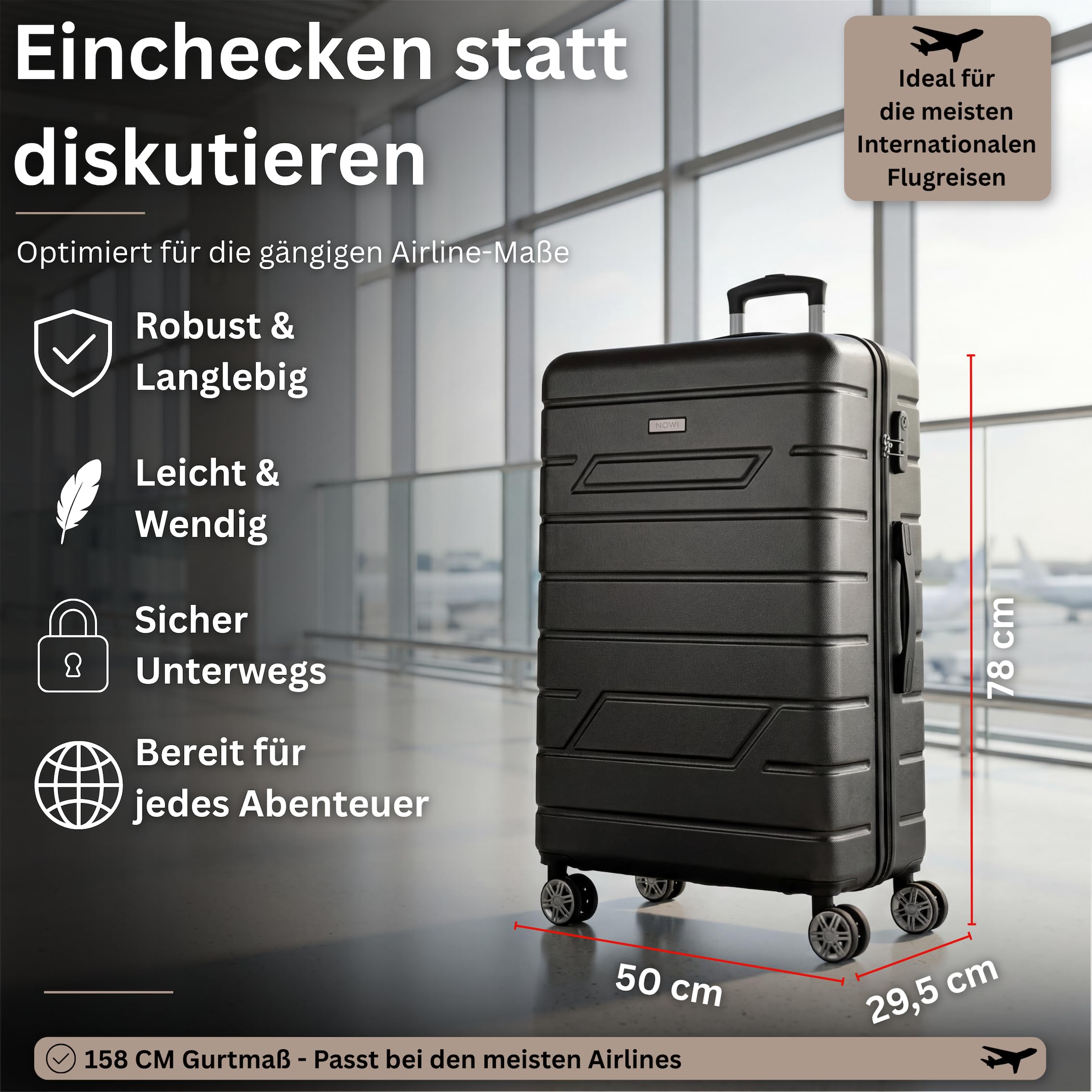 NOWI Hartschalenkoffer XL Groß - 100L Volumen - 158cm Gurtmaß - 8 Rollen 360° drehbar - Leichter Koffer mit Zahlenschloss & Teleskopgestänge - Reisekoffer mit Rollen, Trolley (schwarz, XL)