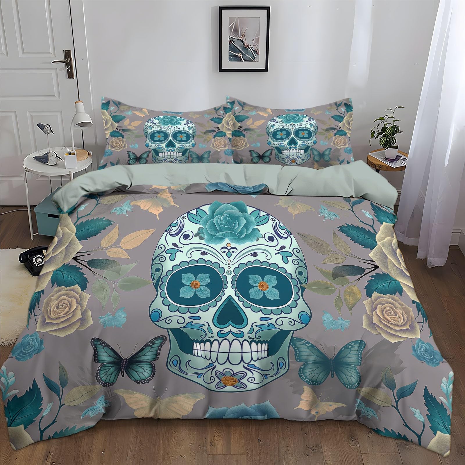 Gray Green Duvet Cover Blue And Turquoise Sugar Skull Art Soft Duvet Cover Set, Reversible Lightweight Bedding Sets 3pcs with Zipper Closure Easy Care and Soft Luxury Bedding (Small Double 135x200 cm)