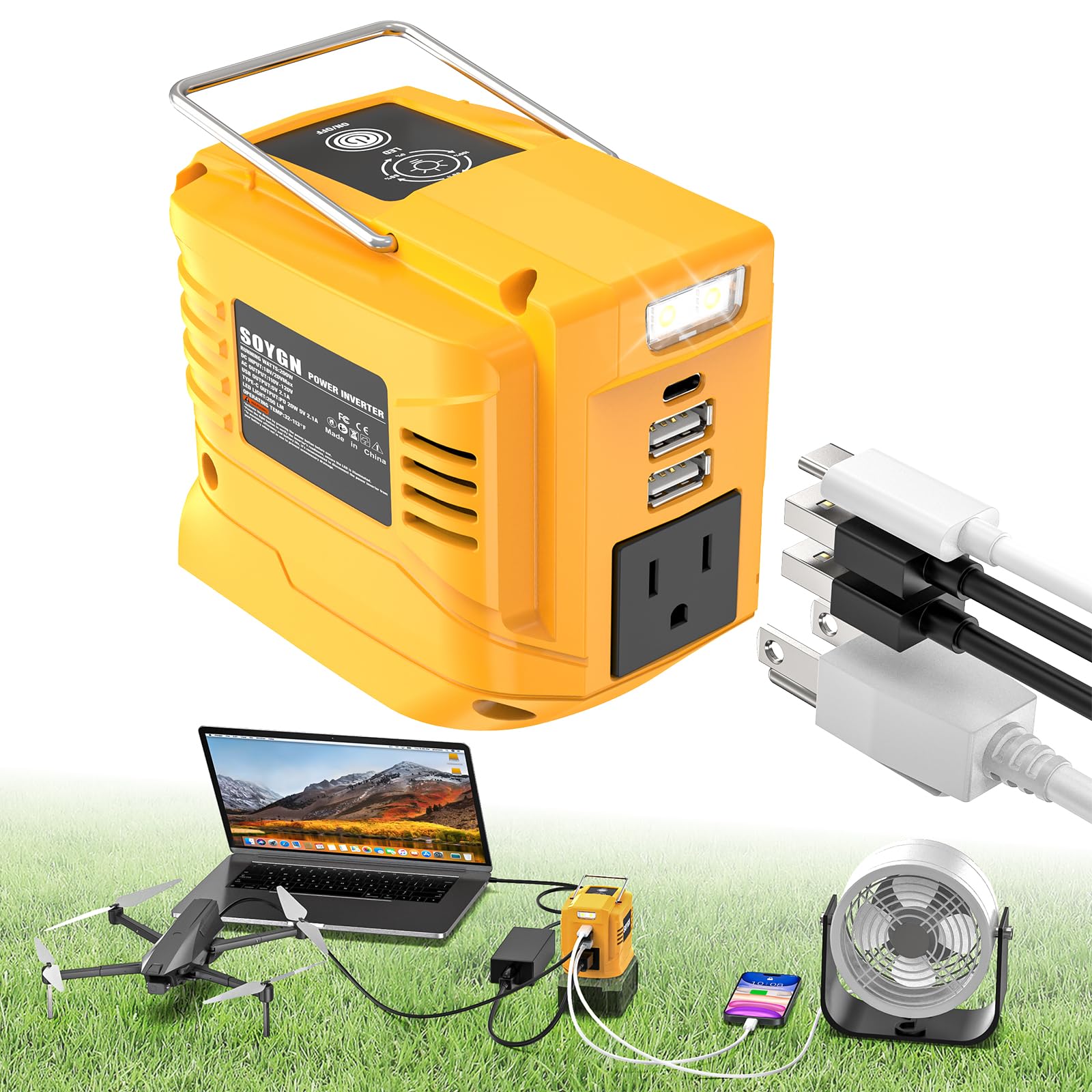 200W Portable Power Inverter for DeWALT 20V Outdoor Generato Battery Converter with 2 USB LED AC Battery Powered