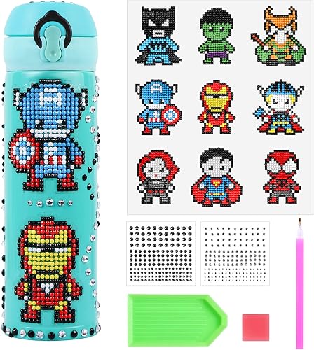 MEIEST Decora tu propia botella de agua con kits de calcomanías de pintura artística de diamantes 5D Hero y gemas con purpurina