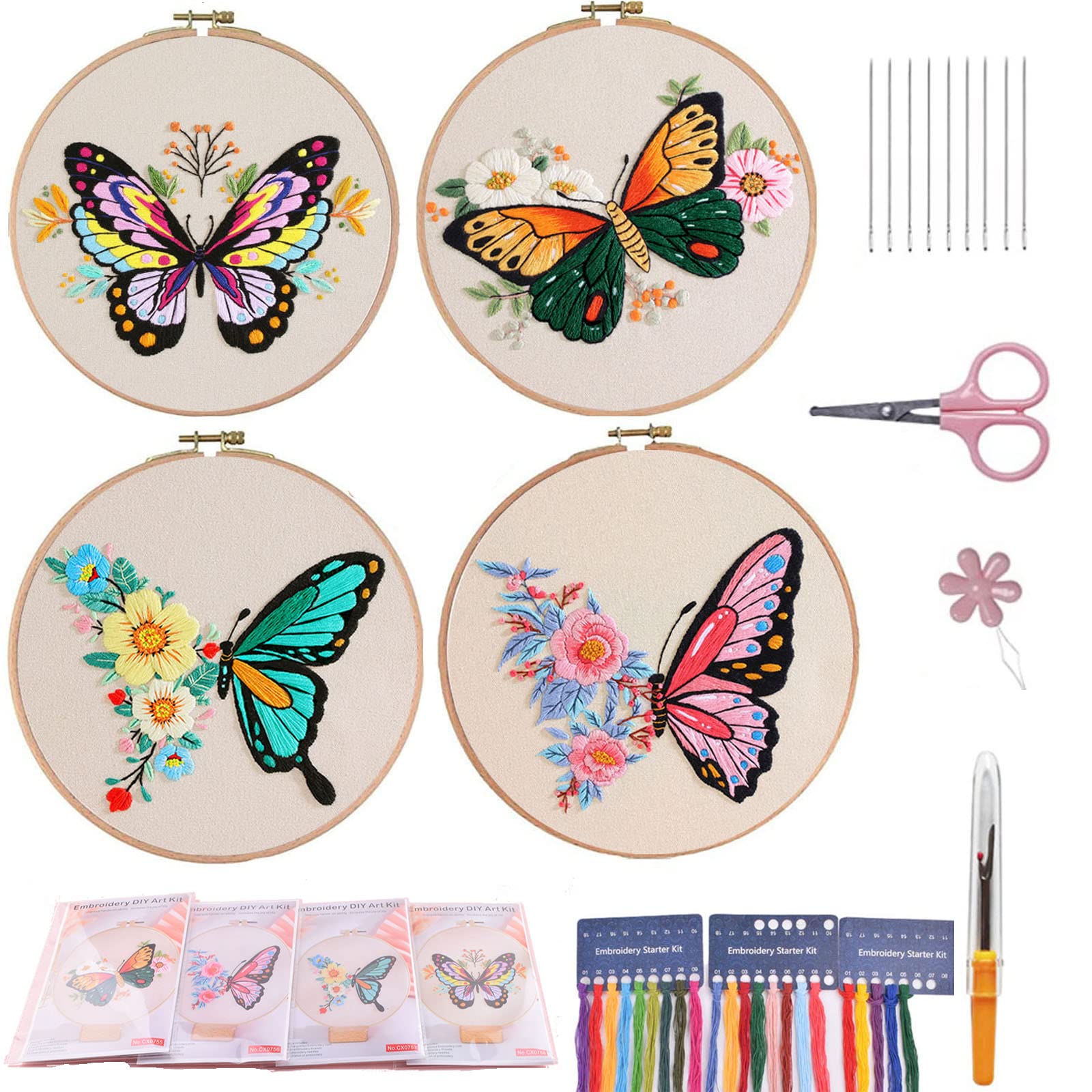 Embroidery Kit for Beginners, 4 Sets Butterfly Embroidery Starter Kits with Patterns and Instructions Cross Stitch Kits,Embroidery Clothes with Pattern,Bamboo Hoops, Threads and Needles