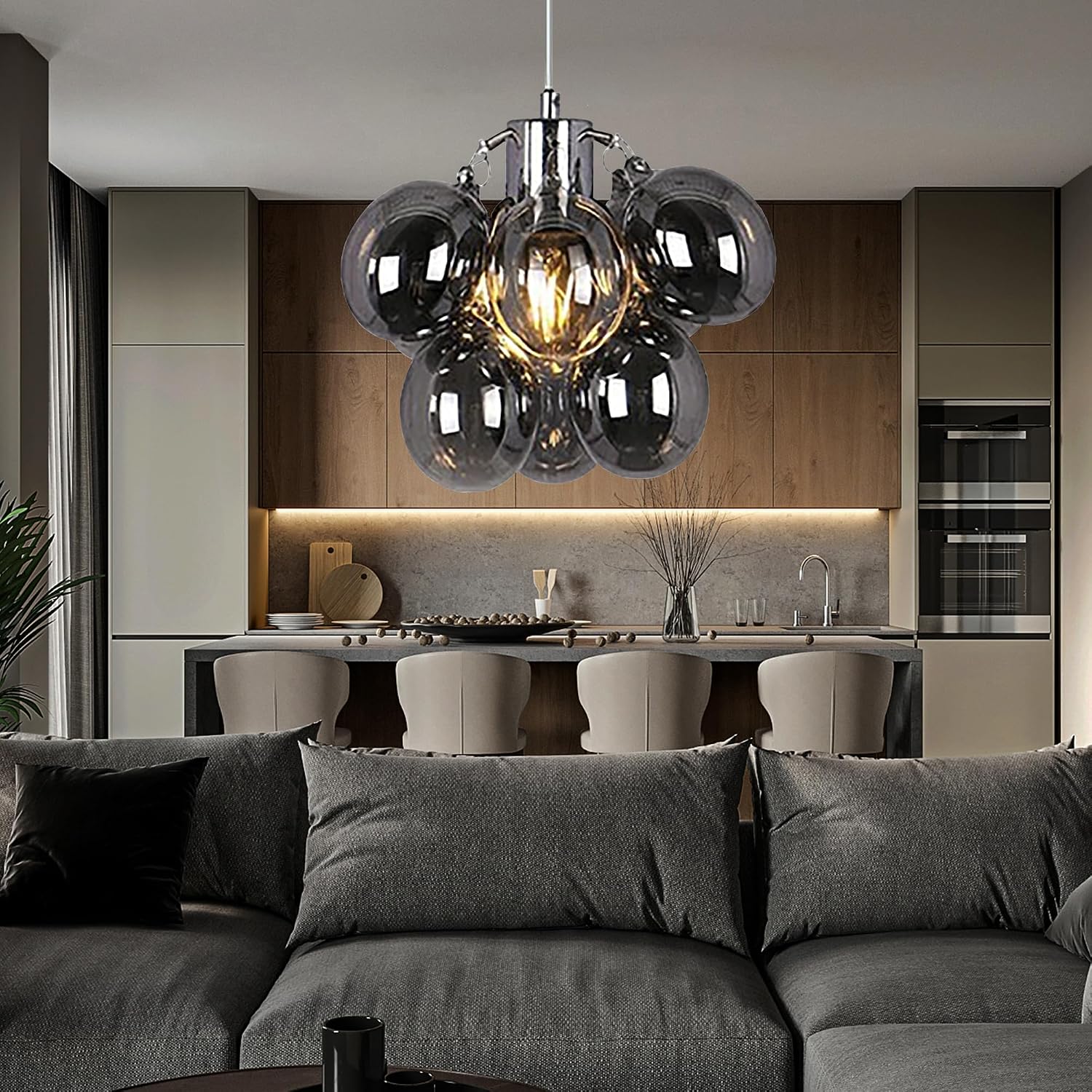Bubble Chandelier for Dining Room Glass Globe Light Fixture with Smoke Gray Glass Lampshade Pendent Bubble Ball Ceiling Light for Living Room Farmhouse 12" Dia x 12" H