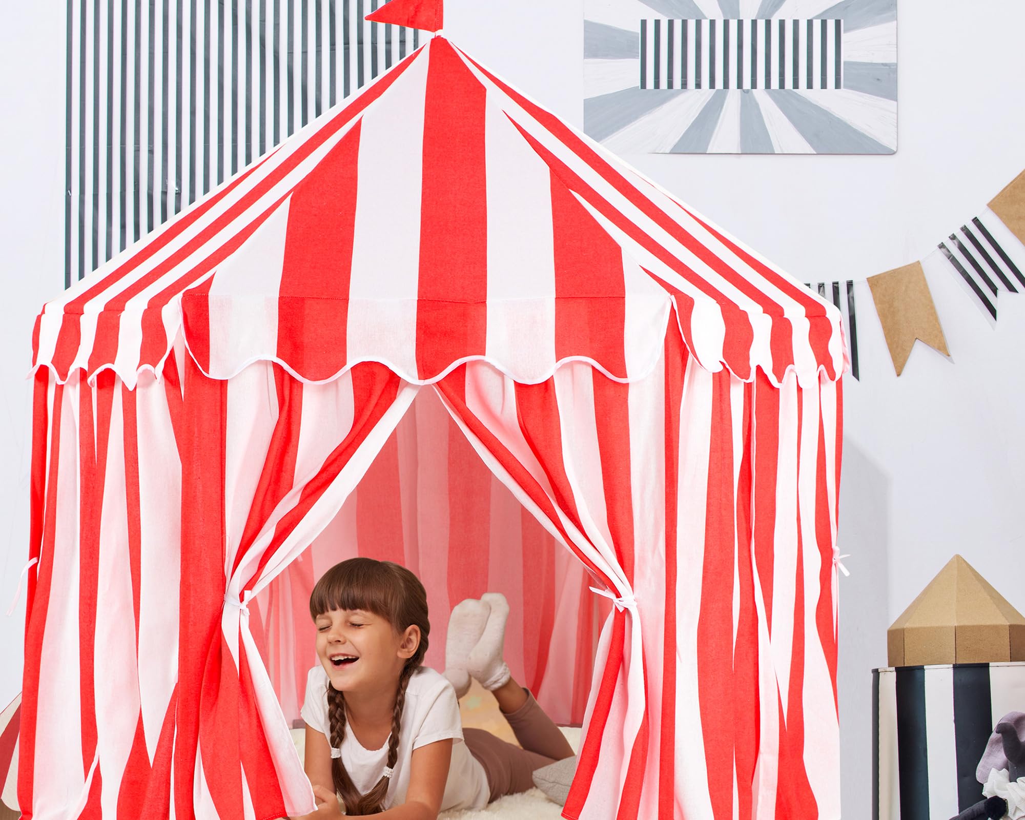 Tienda de campaña grande para niños, 55 x 53 pulgadas, casa de juegos para niños, tienda de campaña a rayas rojas y blancas para carnaval, suministros para jugar y juegos, juguetes de 5