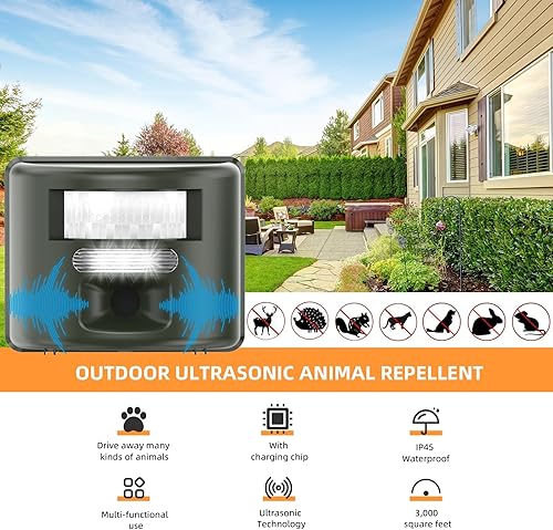 Miniatura 2 de Repelente ultrasónico de animales, repelente de pájaros silencioso ajustable con sensor de movimiento, luz intermitente y alarma de seguridad,
