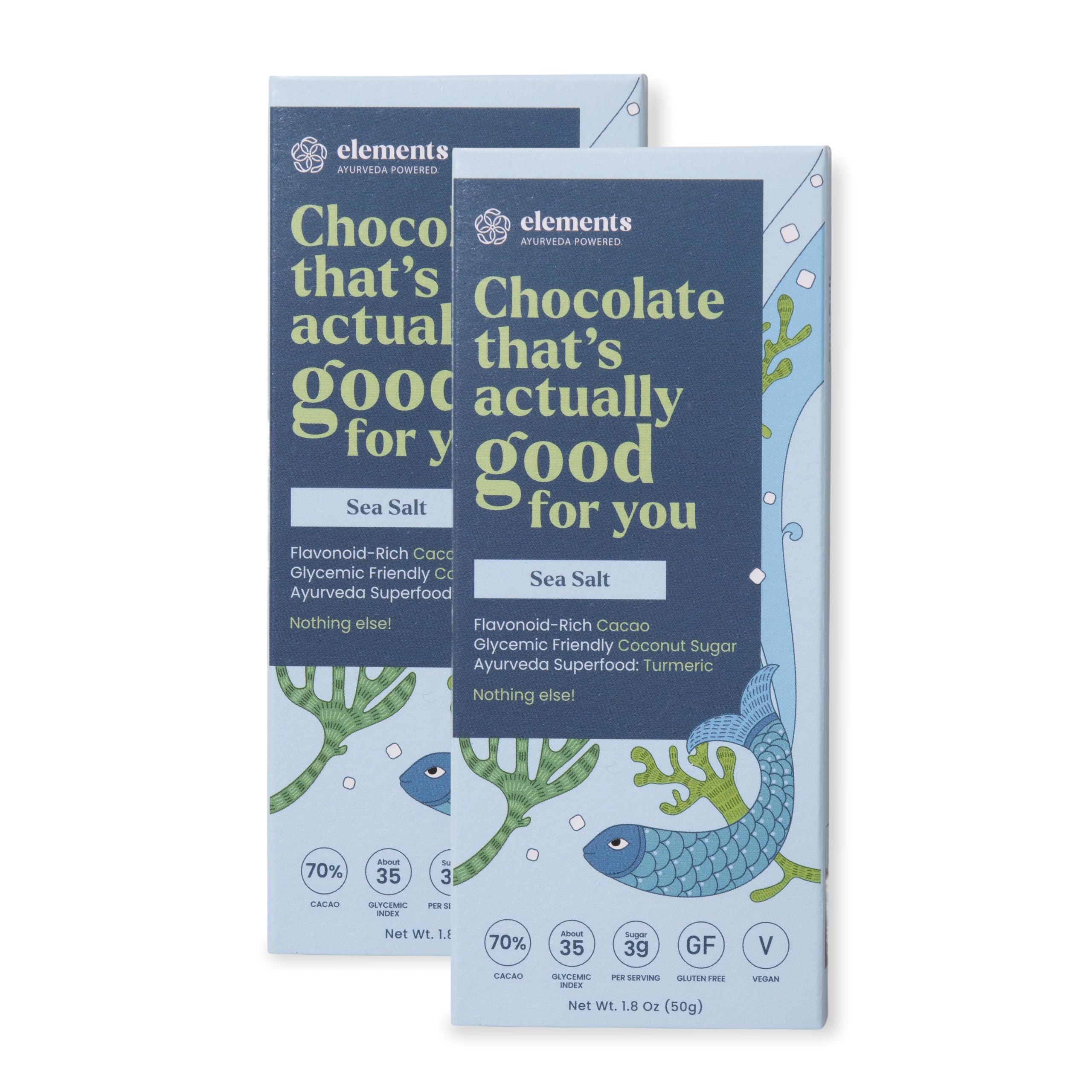 Elements Truffles Sea Salt Flavoured Dark Chocolate Bar| Ayurvedic, Vegan & Gluten Free | No Refined Sugar & Artificial Flavours | Enriched with Cocoa, Coconut Sugar & Turmeric 50g (Pack of 2)