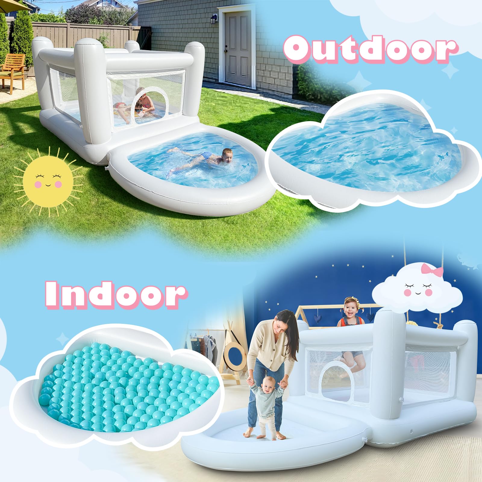 White Bounce House Toddler Bounce House, Bounce House for Kids 3-6 Mini Bounce House, Indoor Outdoor Inflatable Bounce House for Kids and Adults