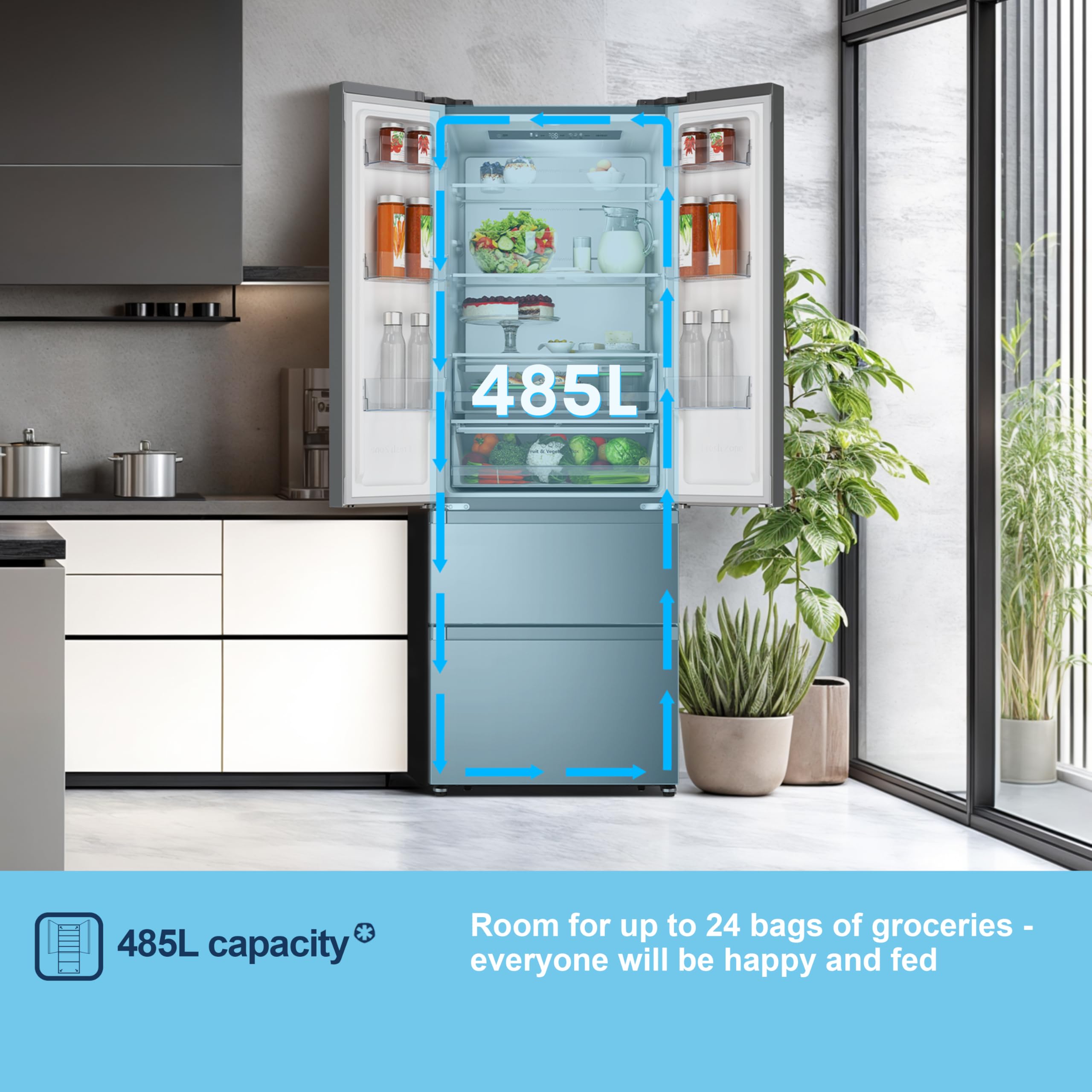 Fridgemaster MF70450ES French Door Fridge Freezer 485L, Total No Frost, Silver, 69.4D x 70.4W x 200H cm, E Rated - 5