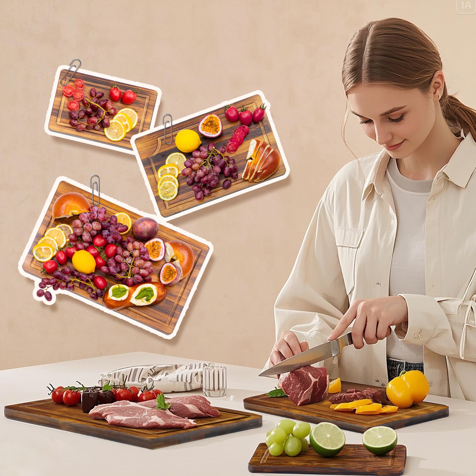 welsteepse Tablas de cortar de bambú (juego de 3) con ranura para jugo, juego de tablas de cortar de madera de bambú para carne, fruta y queso