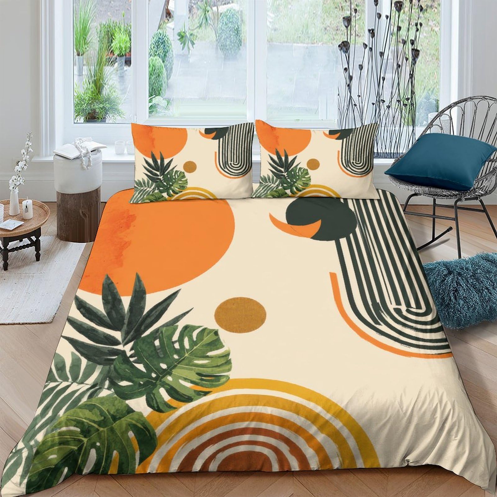 GPLZQXKJNH 3D Printed Abstract Geometric Duvet Cover Set Microfiber Soft Breathable Tropical Leaf Quilt Cover with 2 Pillowcases for Bedroom Decor Single（135x200cm）