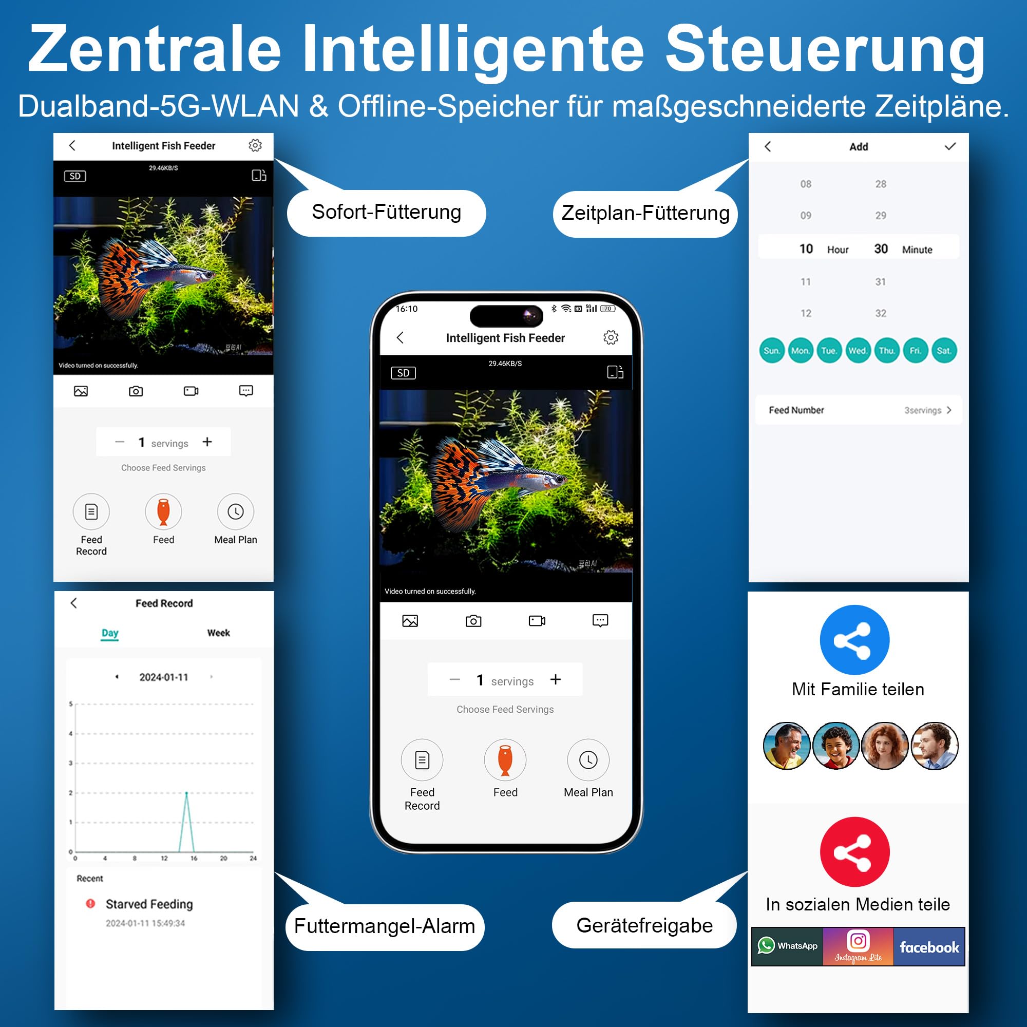 WiFi Futterautomat Aquarium mit Kamera, 2.4/5G WLAN Smart App, 0,2g Visuelle Präzision Fischfutter Automat, 230ML Fisch Futterspender für die Tägliche/Urlaub, Meerwasser und Süßwasseraquarien
