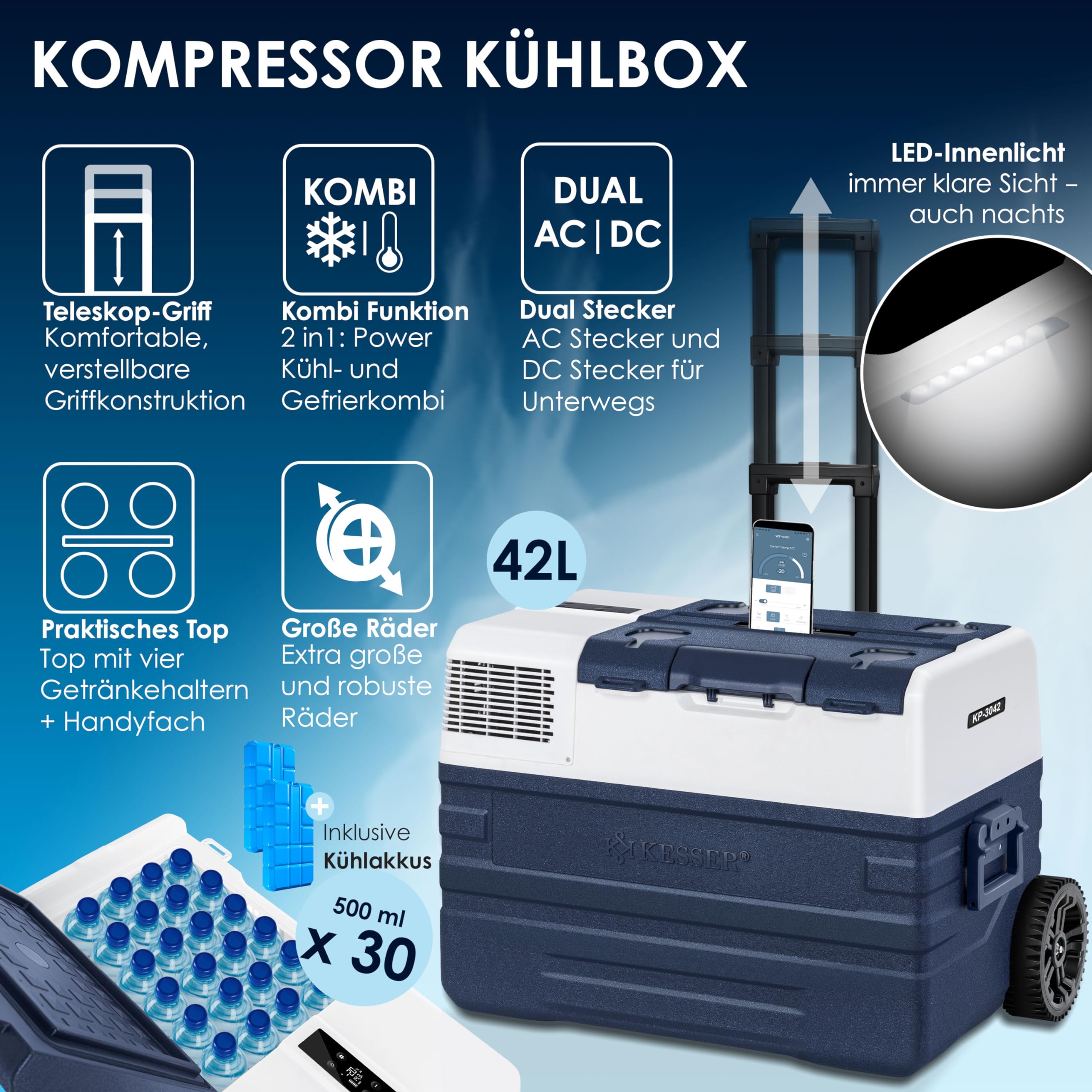 KESSER® Kompressor Kühlbox Auto elektrisch 42L, Camping Kühlbox 12/24/230V mit APP-Steuerung, Gefrierbox bis –20 °C, mit Rädern & Teleskopgriff für Camping, Wohnmobil, LKW & Boot + 2 Kühlakkus