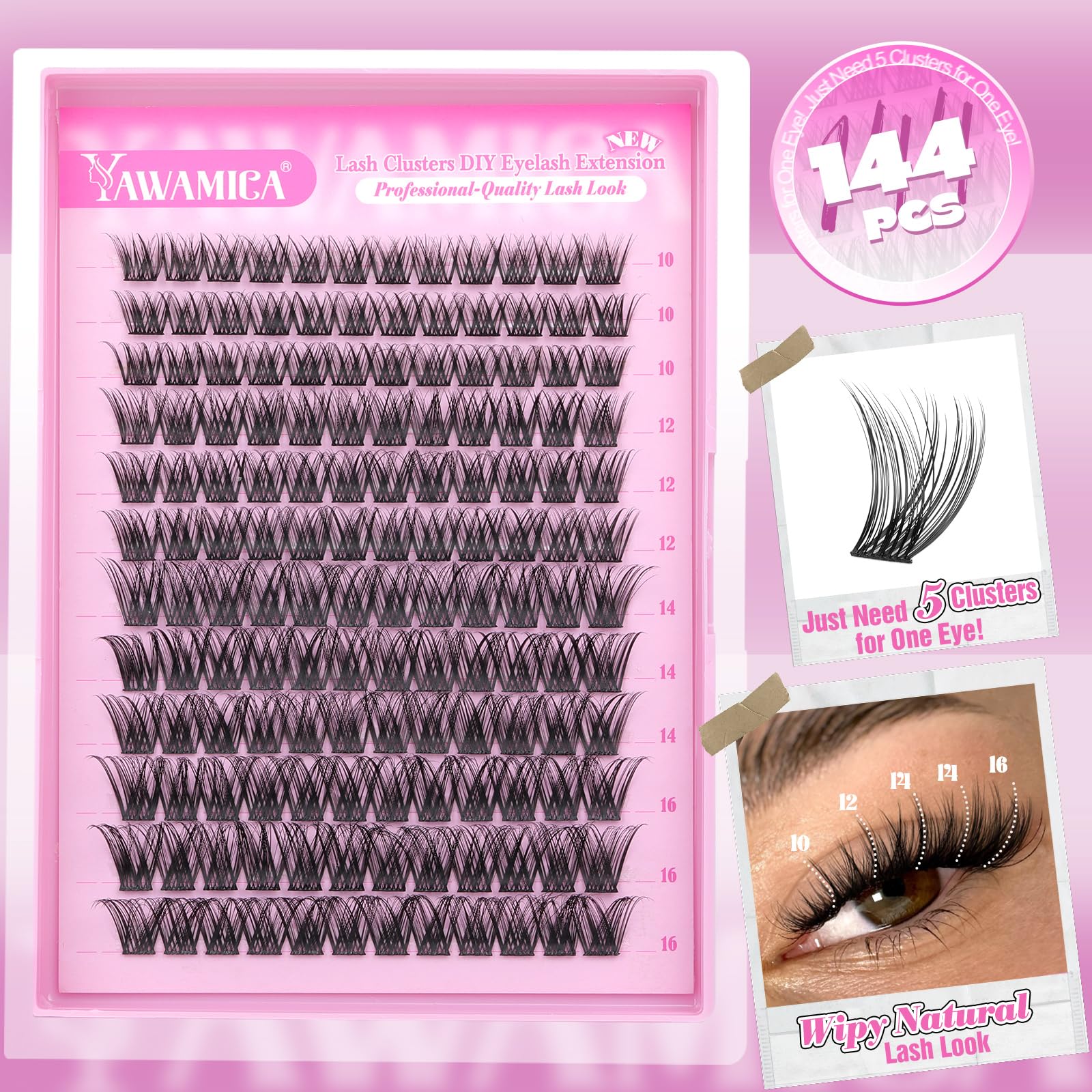 Yawamica Wispy Wimpern-Cluster, C-lockige Einzelwimpern, DIY-Cluster, 10–16 mm, natürliche Wimpernbügel, 144 Stück, weiche Wimpern-Cluster mit dünnem Wimpernband, DIY-Wimpern zur Selbstanwendung