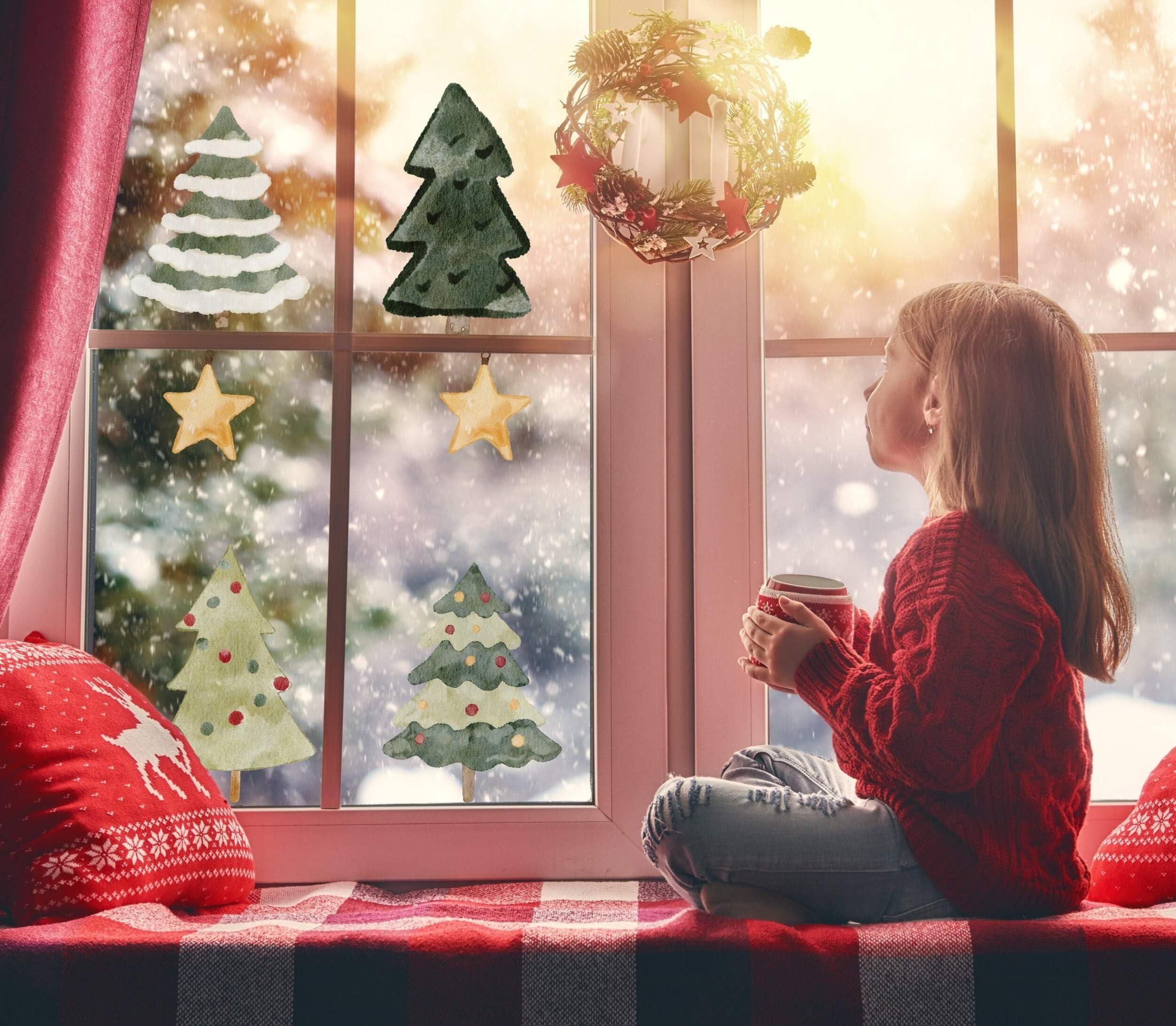 Quotemywall Large Christmas Trees & Stars Quote My Wall Christmas Window Sticker Trees - Snowy Decorations For Home Shop Windows For Kids, Children's Festive Holiday Art Removable (Large Christmas Trees & Stars)