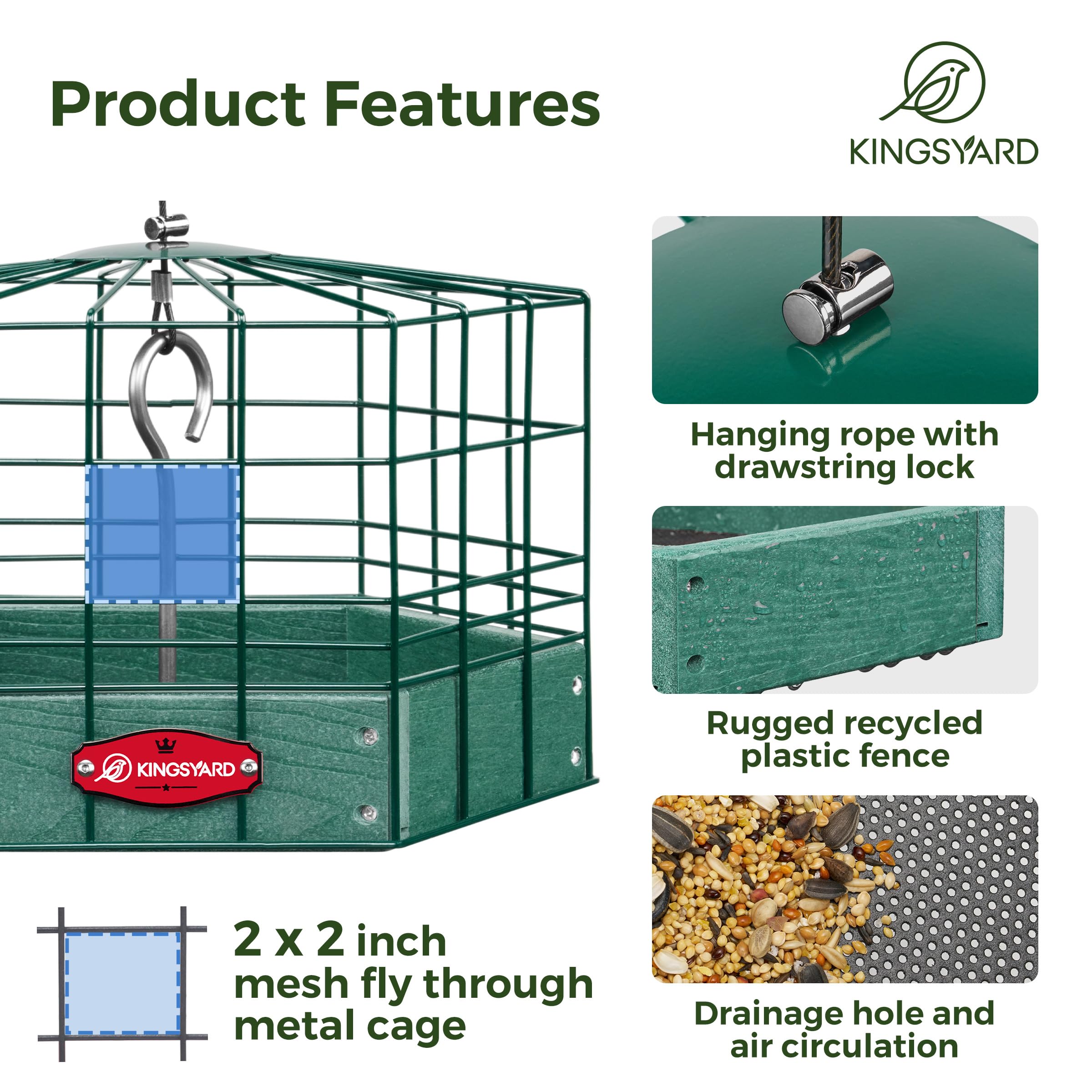 Kingsyard GrackleProof Bird Feeder for Outdoor Hanging Rugged Recycled Plastic Feeding
