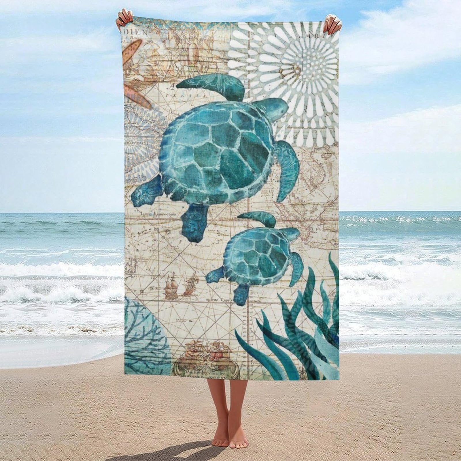 LWORZIIB Beach Towel, Cool Turtle Bath Towel, Absorbent Towel for Swimming, Sports, Travel
