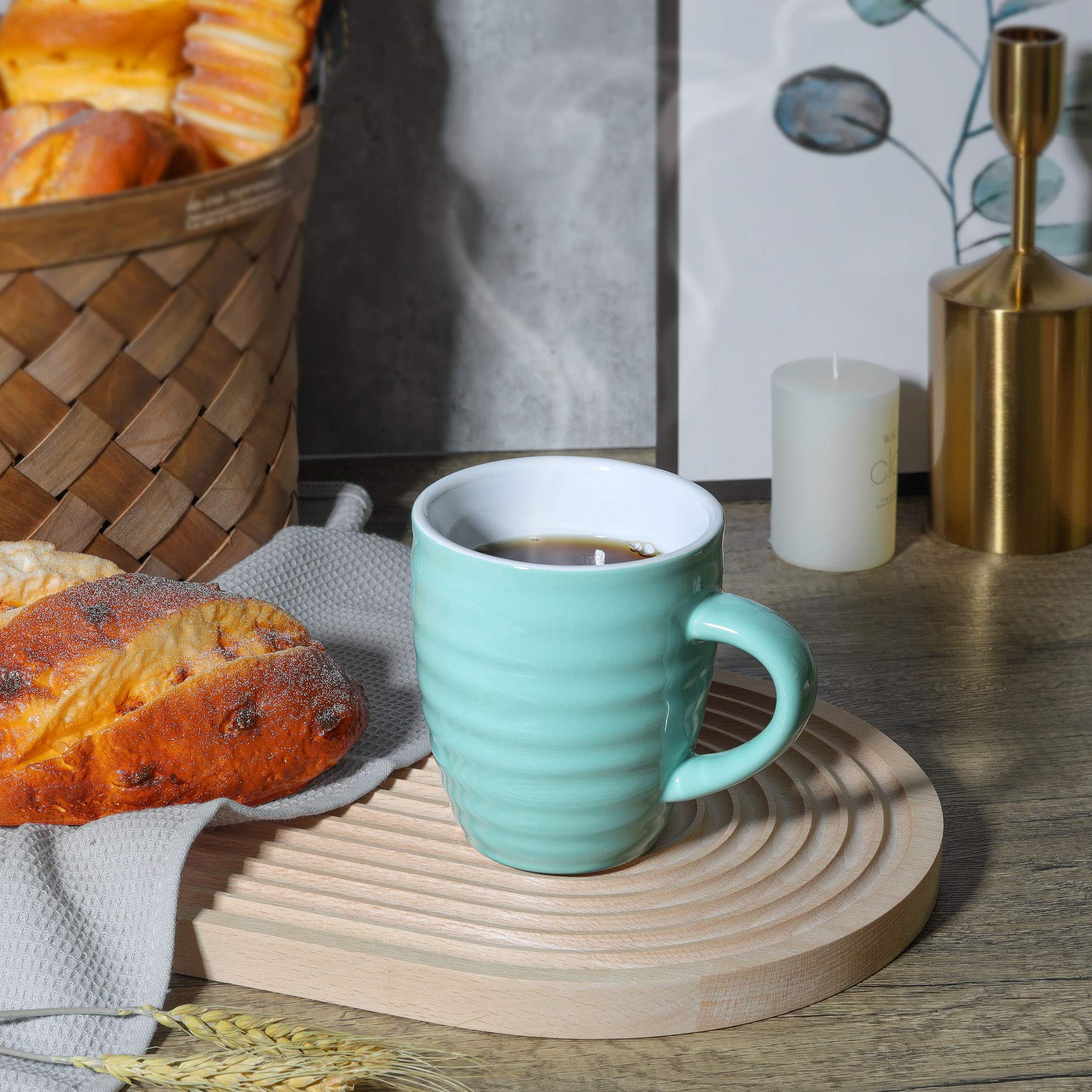 ComSaf Ceramiczne kubki do kawy, zestaw 6 sztuk, 450 ml, duży kubek do kawy, filiżanka do herbaty do biura, domu, porcelanowy kubek z uchwytem do płatków kakao cappuccino, nowy kubek jako prezent urodzinowy, miętowy zielony