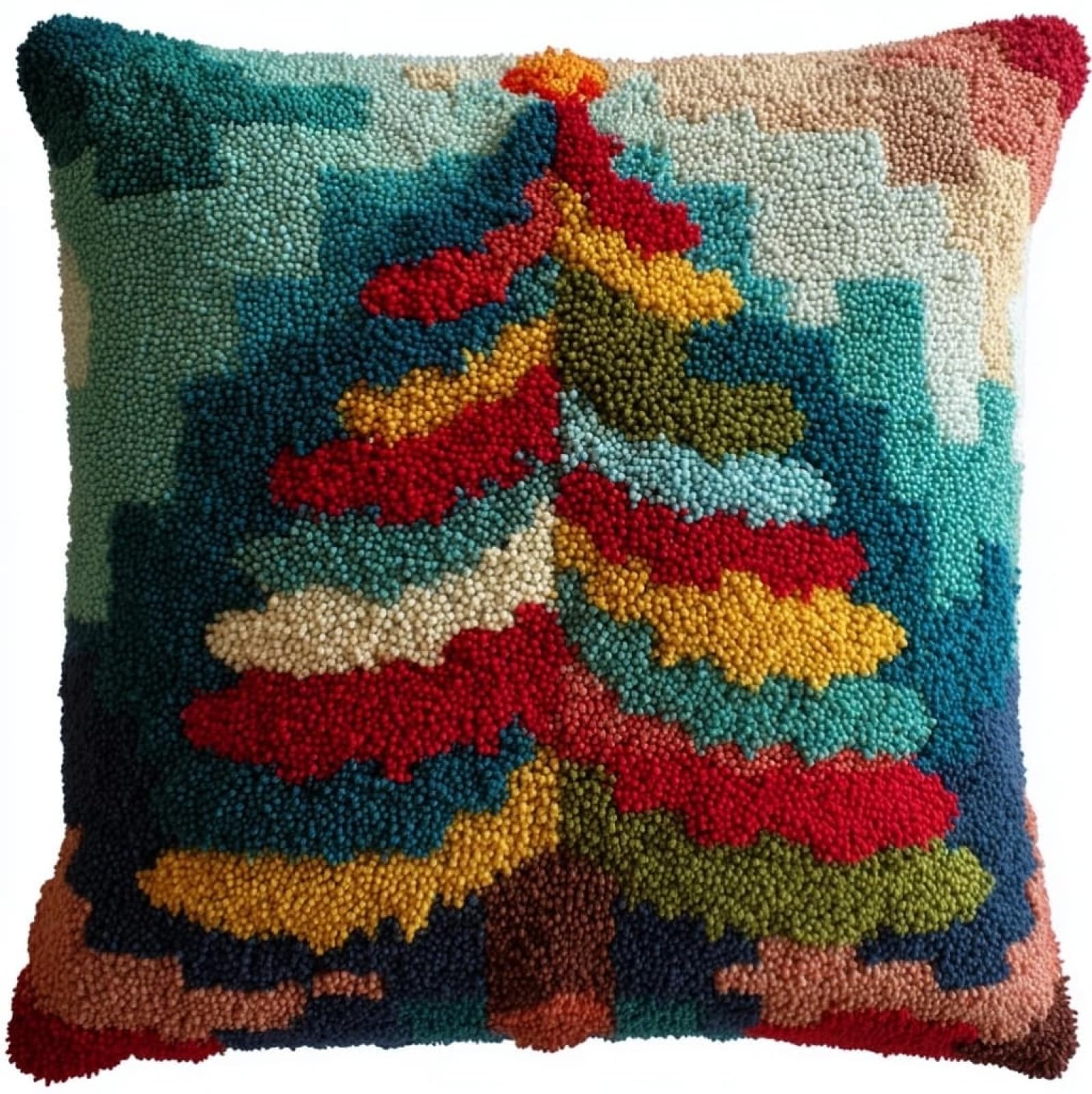AxiangziK Latch Hook Kits for Adults Beginners 17x17in,Christmas Tree Creative Latch Hook Pillow Kit with Preprinted Canvas for Home Decoration and Present 43x43cm