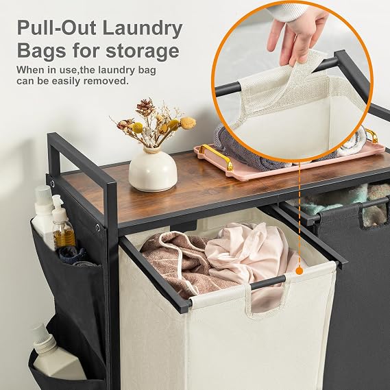 WOWLIVE Double Laundry Hamper with Lid,Rolling Laundry Basket Organizer with Wheels, Iron-Made Laundry Sorter with Top Shelf and 2 Removable Bags,Large Laundry Storage for Room,Black and Beige